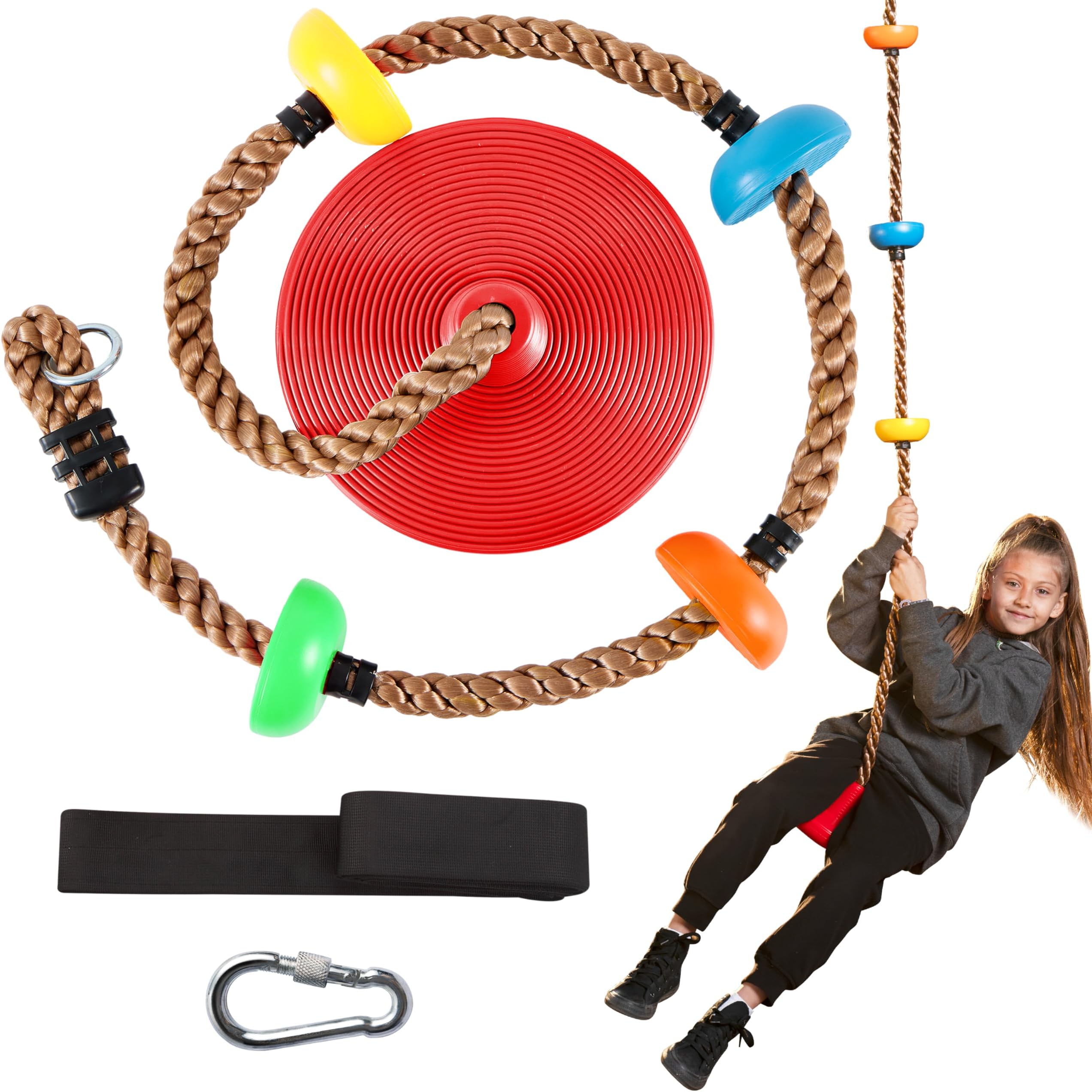 Tree Swing for Kids, Single Disk 6 Ft Outdoor Climbing Rope, Carabiner & 4 Ft Tree Strap, Playground Accessories - Multi-Colored Disc Swing Seat-Red