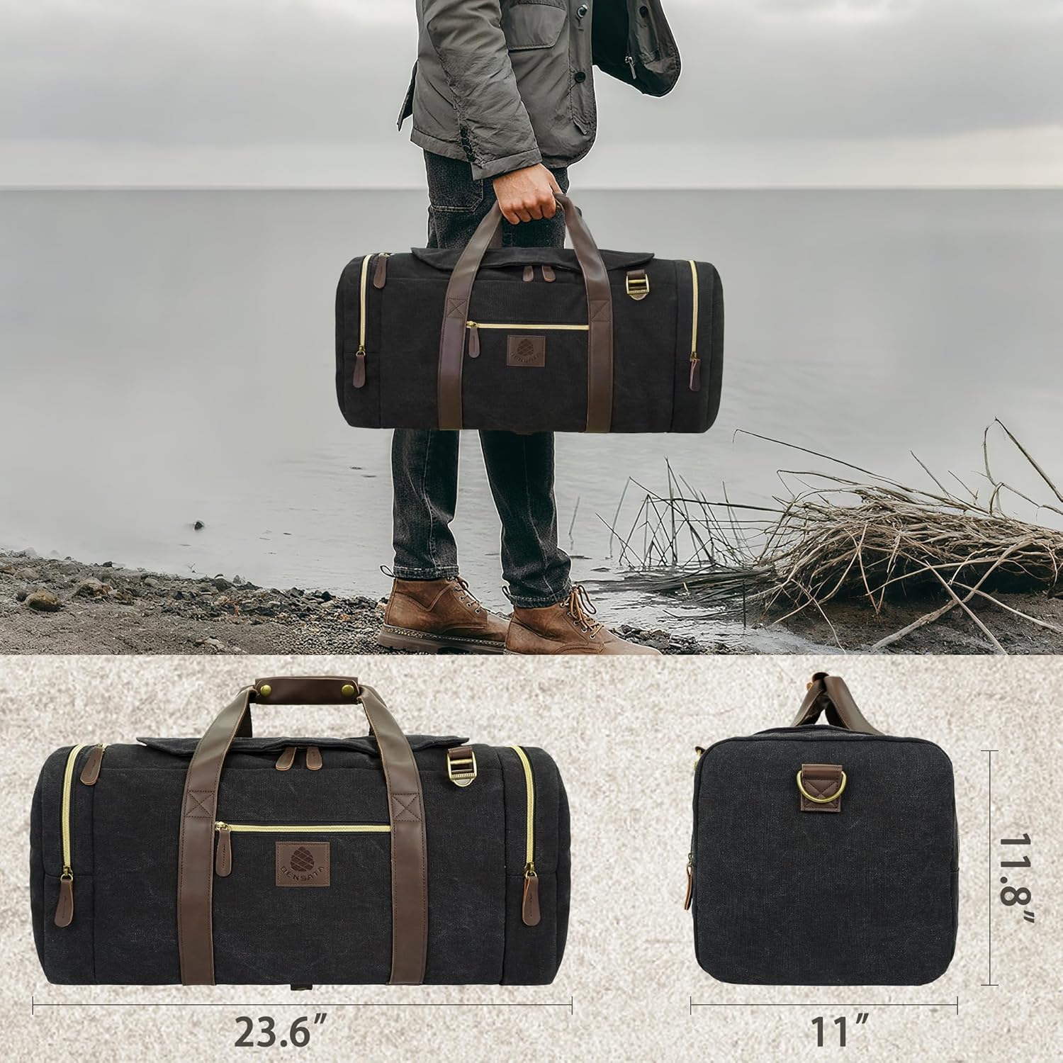 Duffle Bag for Travel, 50L Canvas Duffle Bag Vintage Travel Bag Overnight Bag with Shoes Compartment Men (Black) - Image 5
