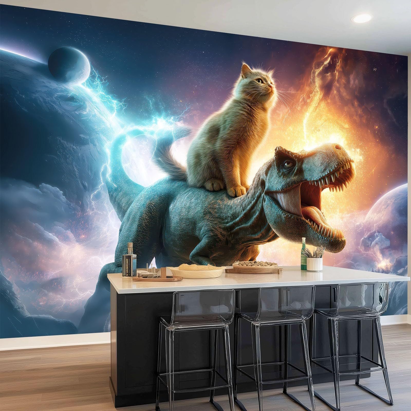 Tapeta 350 x 256 cm, panoramiczna tapeta z włókniny fantastyczne koty dinozaury błyskawica, kolorowe dekoracje ścienne plakat z nadrukiem 3D gobelin