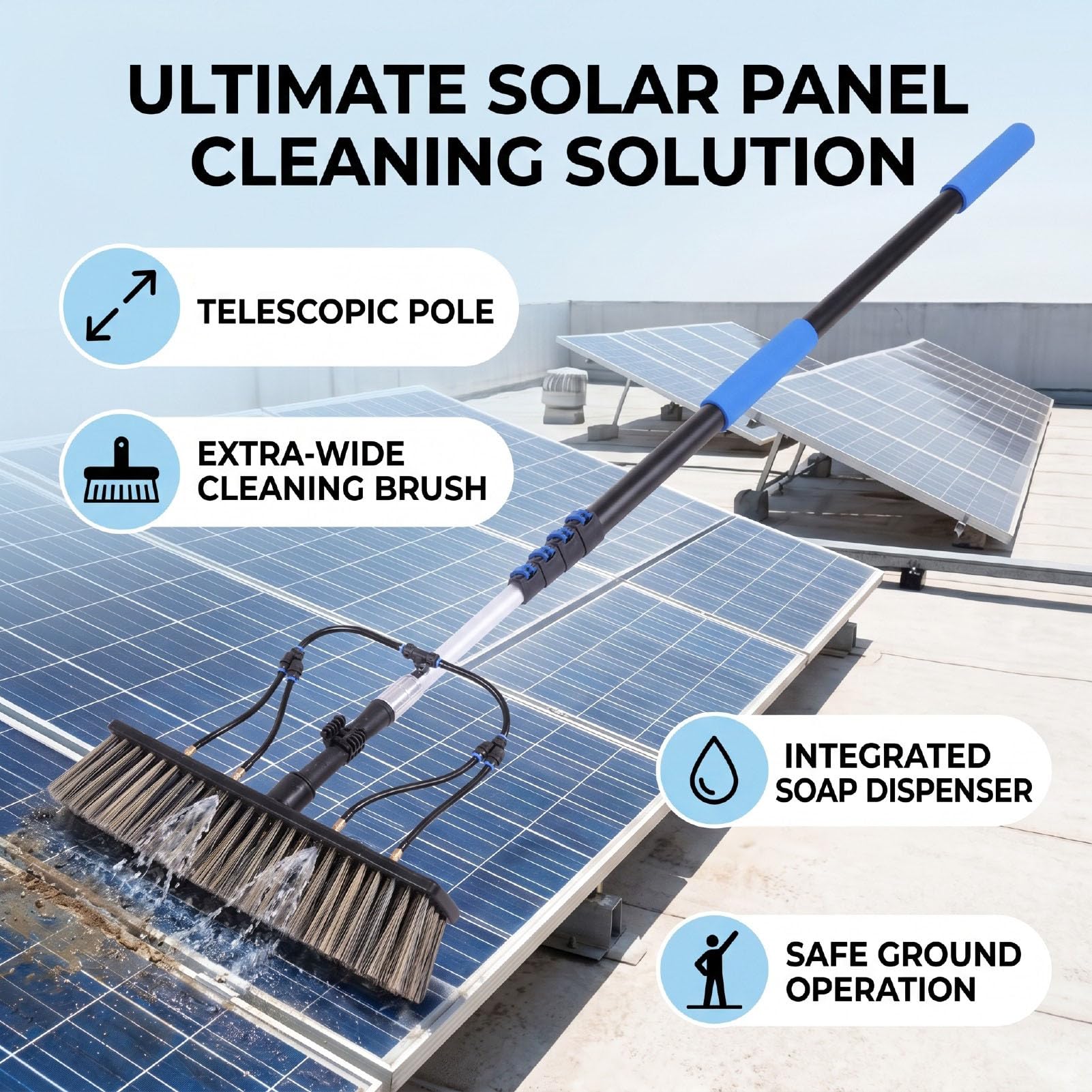 Cepillo de Limpieza de Paneles Solares, Poste Retráctil de 12 Pies con Dispensador de, Cabezal de Cepillo de 13,8 Pulgadas para Ventanas, Canalones, Paredes Exteriores