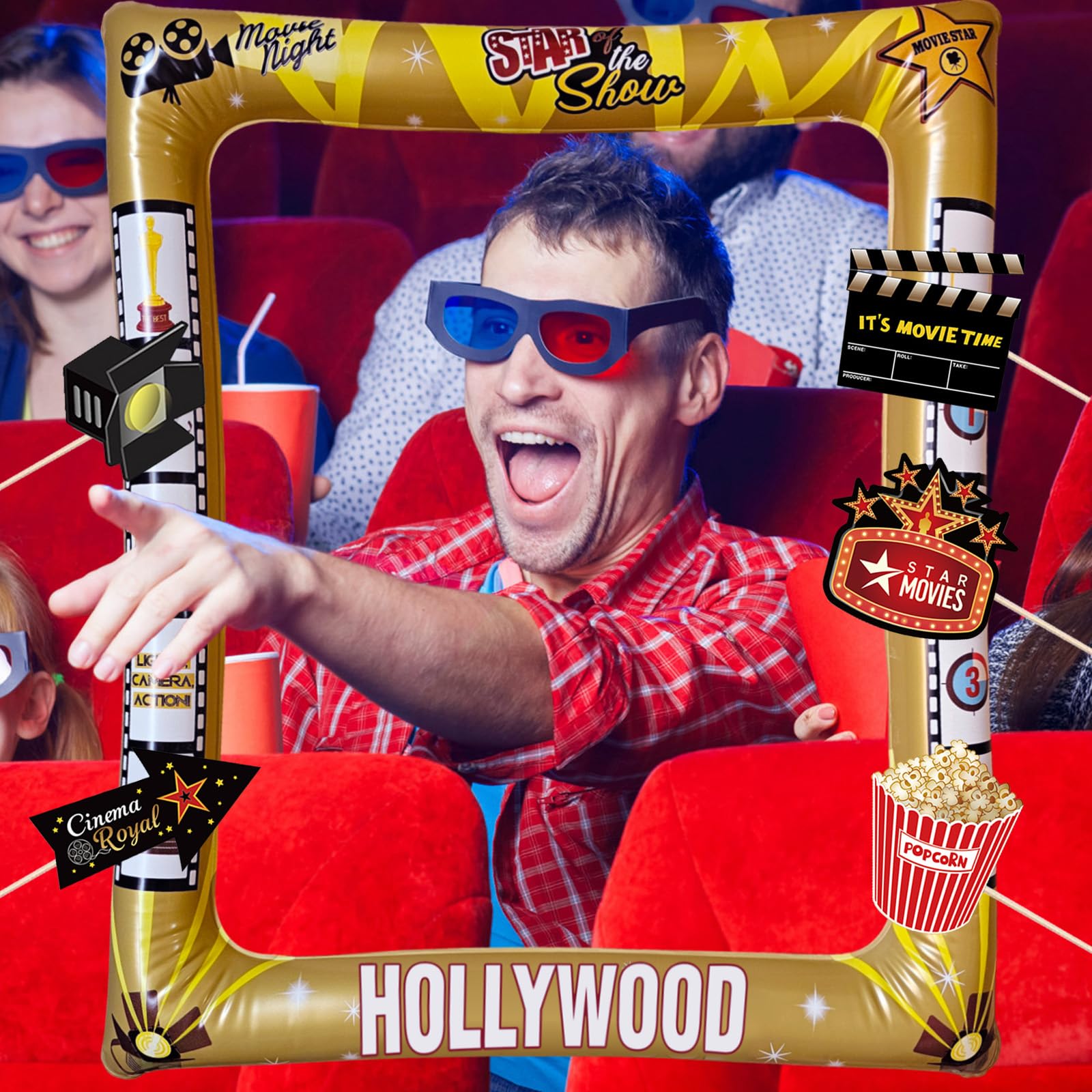 LMSHOWOWO Kit Photomaton Gonflable Hollywood – Cadre Selfie 25 Accessoires, Décorations Fête Cinéma, Soirée Oscar Et Tapis Rouge Inoubliable