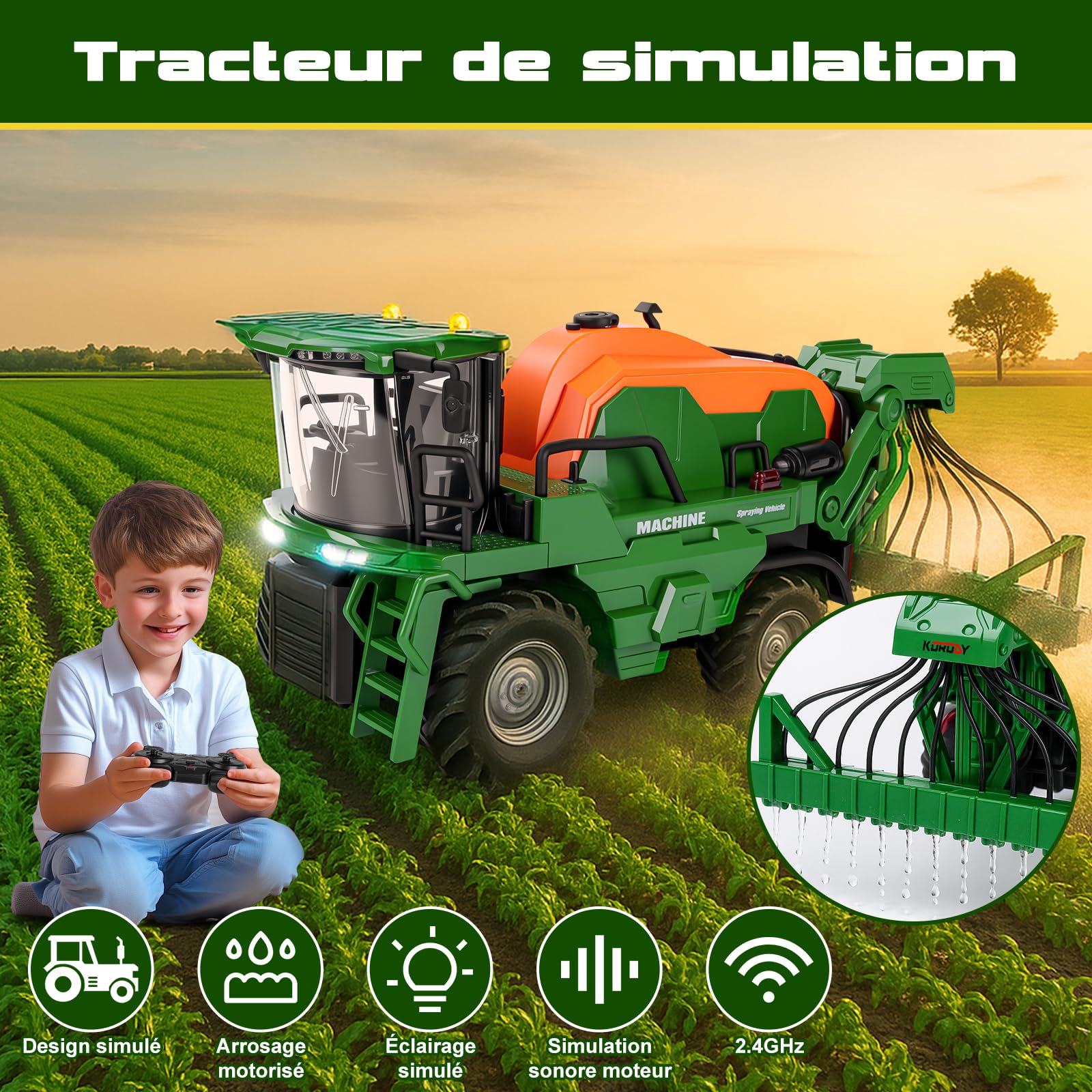 Ulikey Tracteur Enfant Télécommandé avec Irrigation, Jouet Ferme Voiture Télécommandé avec Lumière et Son pour 3-9 Ans Garçons Filles