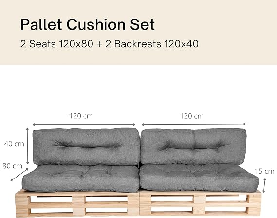 bananair - Pallet Cushions Outdoor - Water Repellent & UV Resistant Fabric - Highly Comfortable - Foam Padded Garden Furniture Cushions (2 Seats 120x80 cm + 2 Backs 120x40 cm, Grey)