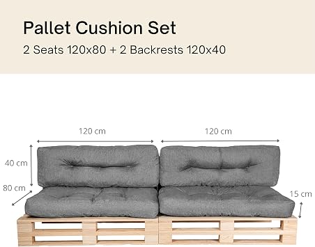bananair - Pallet Cushions Outdoor - Water Repellent & UV Resistant Fabric - Highly Comfortable - Foam Padded Garden Furniture Cushions (2 Seats 120x80 cm + 2 Backs 120x40 cm, Grey)