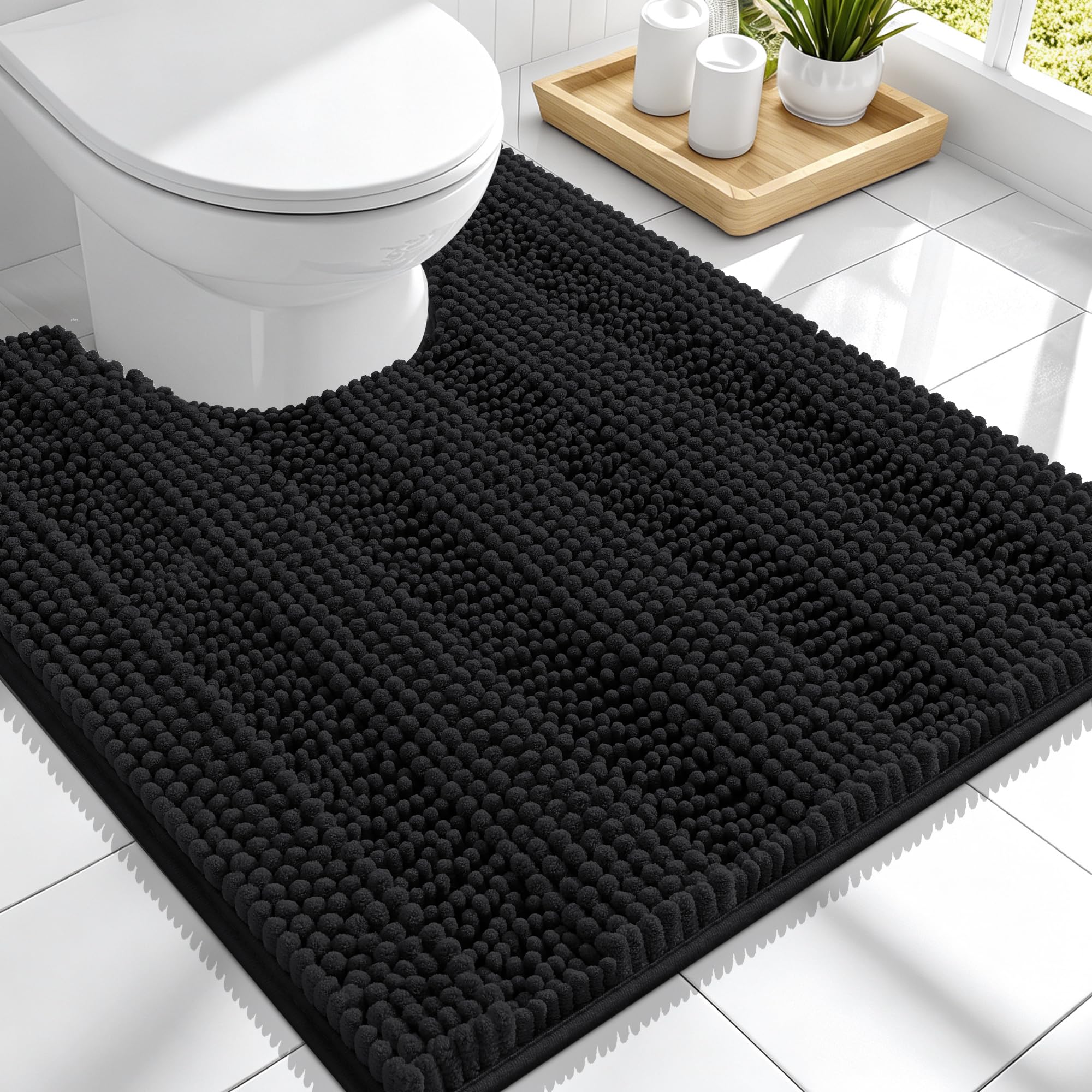 Smiry Thick Chenille Toilet Rugs U-Shaped 24x20, Absorbent Bath Mat, Black