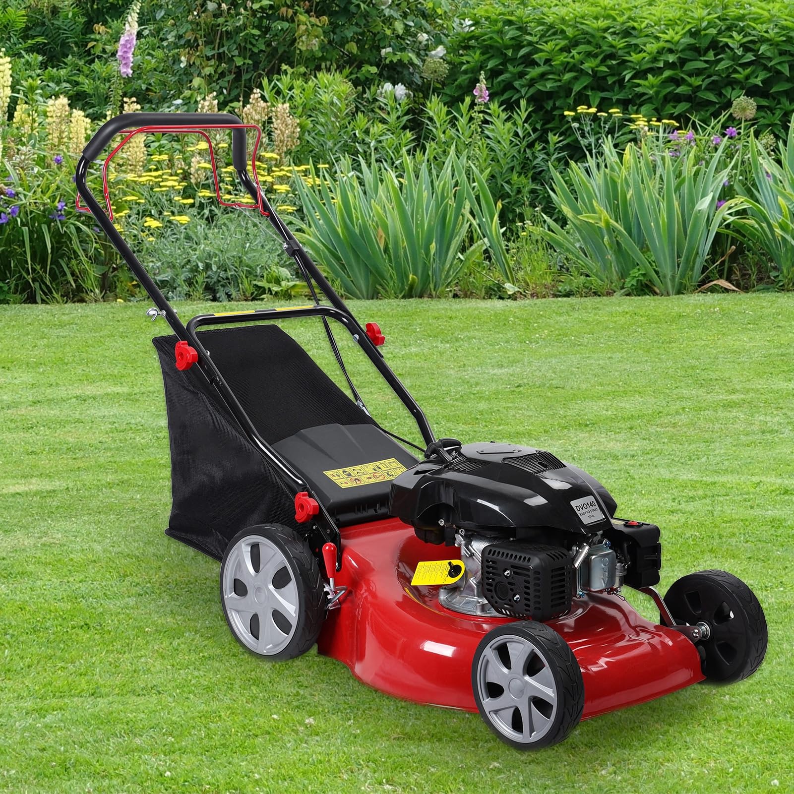 Cortacésped de gas de 20 pulgadas, cortacésped de gas autopropulsado de 4 tiempos de 141 cc con hoja y bolsa de 50 litros, cortacésped 3 en 1, mango plegable para un fácil almacenamiento, color rojo