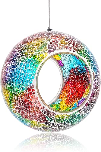 Miniatura 1 de VCUTEKA Comedero de mosaico para pájaros para colgar en el exterior con recipiente de vidrio de forma redonda para atraer más aves silvestres para