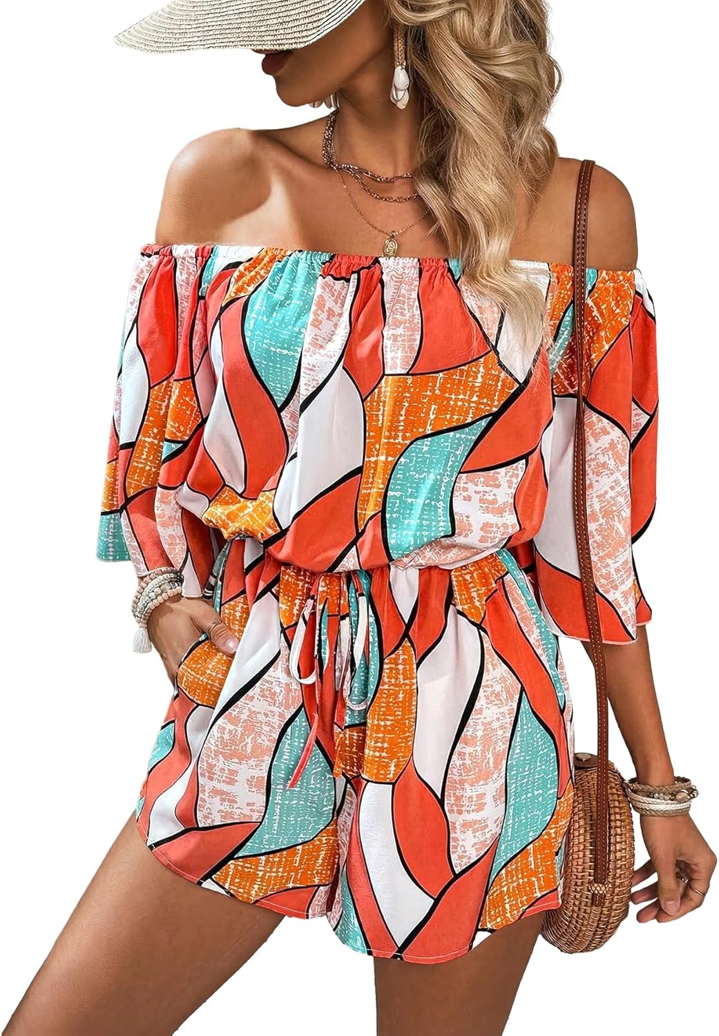 SHENHE Women's Off Shoulder Flutter Sleeve Boho Tropical Romper Short Jumpsuit Playsuit