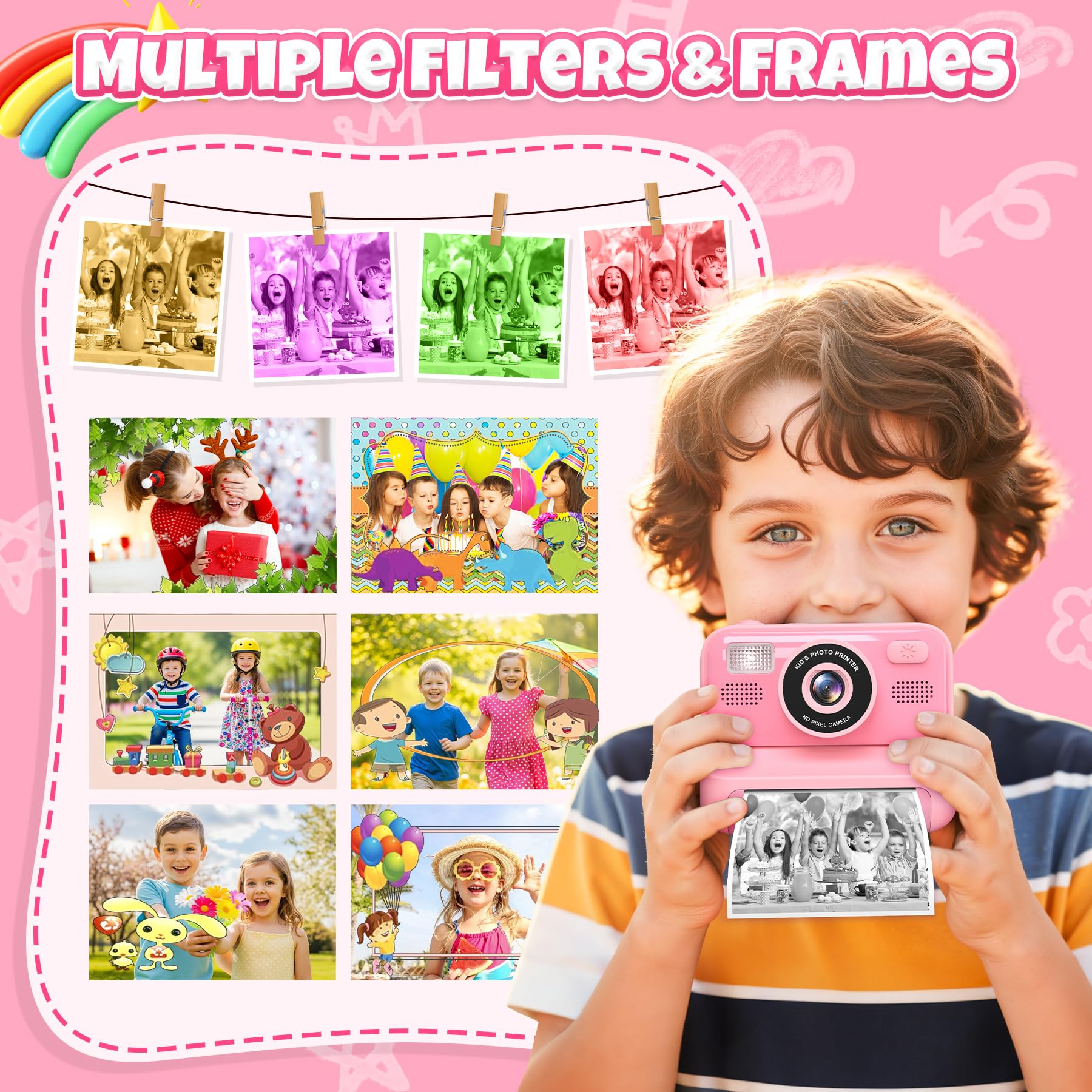 Appareil Photo Instantané Enfants, 2.4" Écran Selfie Appareil Photo instantané Enfant avec Carte de 32GB & 3 Rouleaux de Papier d'impression, Jouet Cadeau Noël Fille Garcon 3 à 12 Ans(Rose)