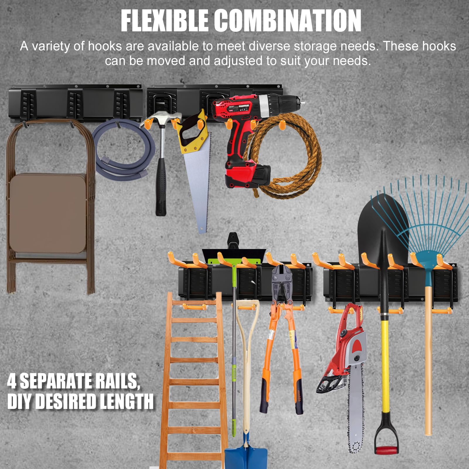 Organizador de Garaje con 4 Guías (162cm), 12 Ganchos Extraíbles con Fundas Antideslizantes, 2 Correas de Carga, Soporte de Jardín de Pared para Taller, Herramientas, Escobas, Rastrillos