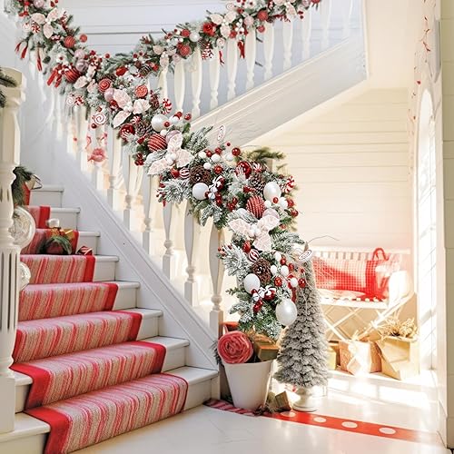 Miniatura 6 de WBHome - Guirnalda de Navidad con luces preinstaladas, 6 pies72 pulgadas, rojo y blanco, con 50 luces led, decoración de Navidad para interiores y