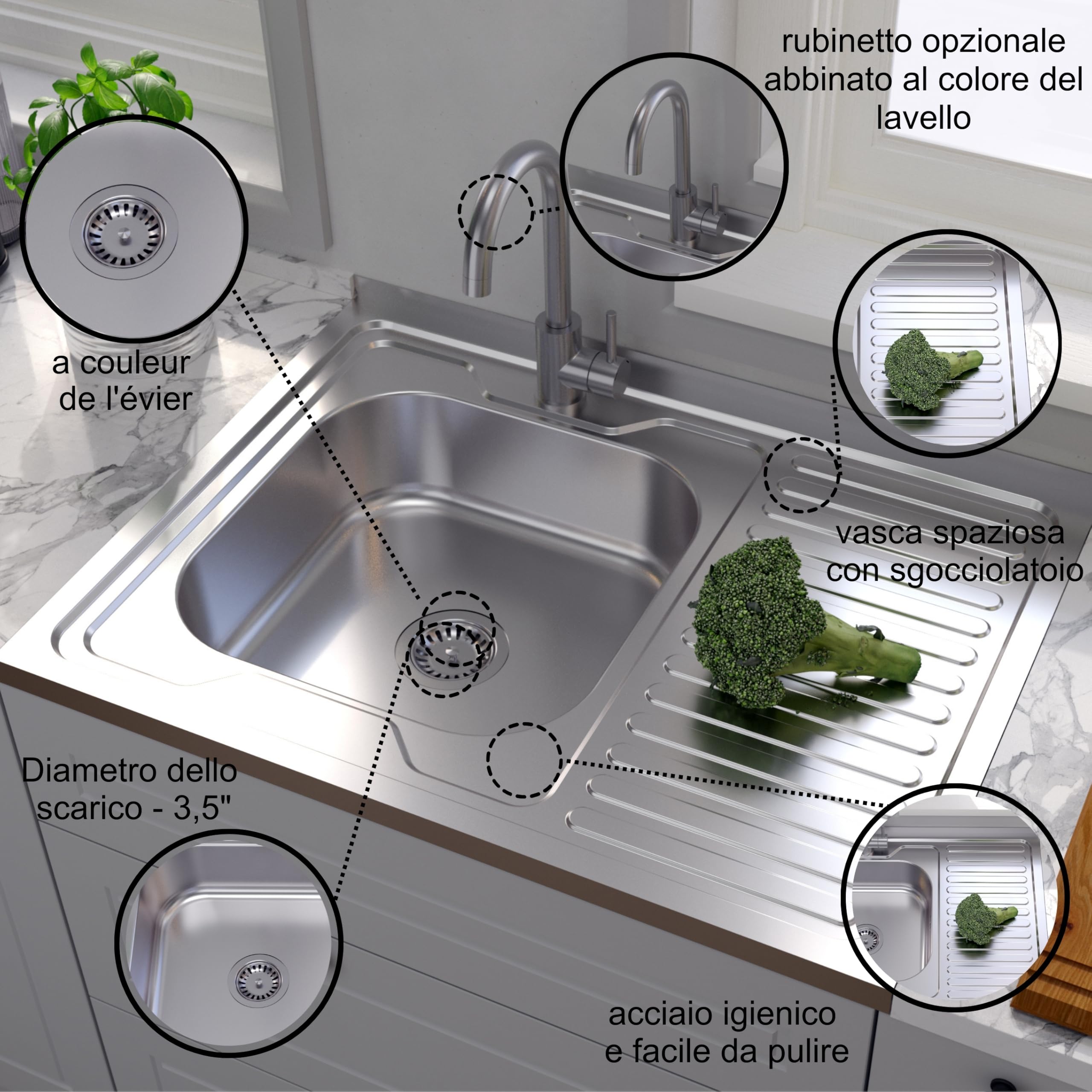 QUADRON Lavello in acciaio inox | dimensione 80 cm colore: sinistro | ROBIN lavello da cucina | scarico incluso | lavello in acciaio inox adatto a mobile da 80 cm | sovrapposizione (SINISTRA)