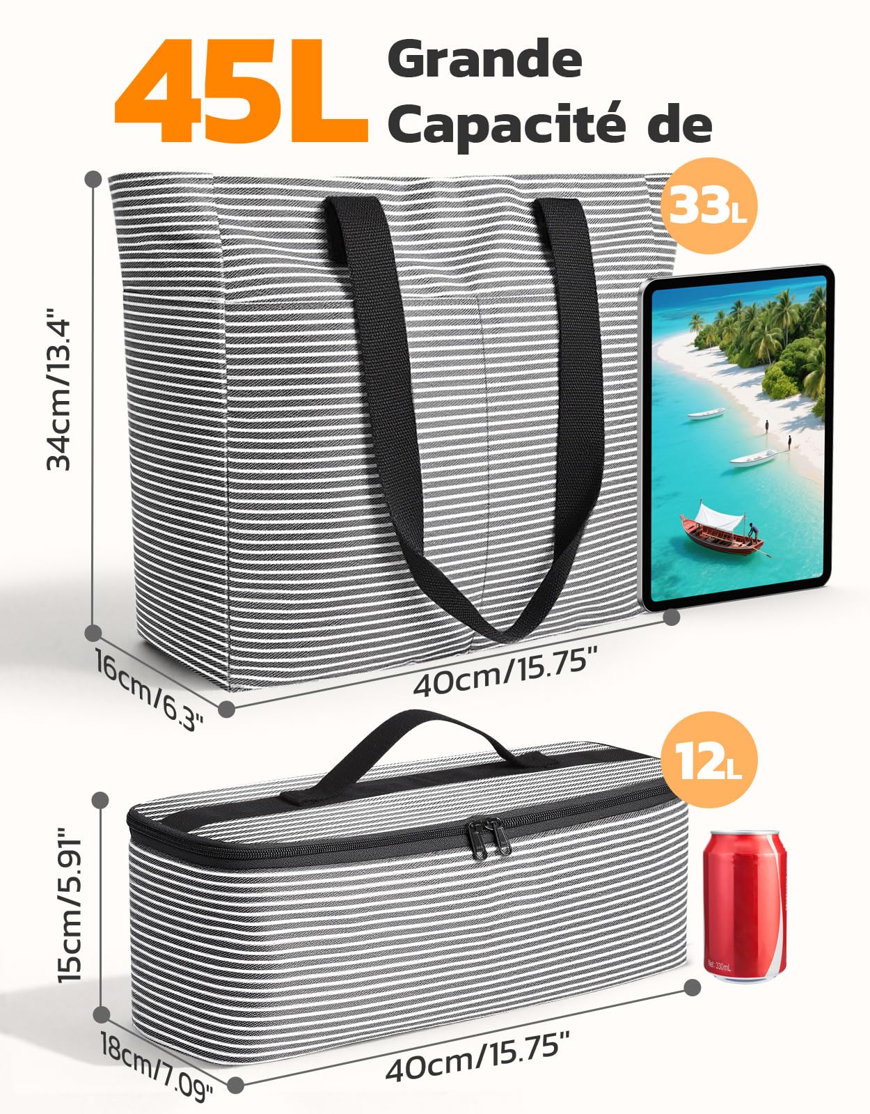 ISEYOU Grand Sac de Plage et Sac Isotherme, 45L Sacs Cabas Femme Imperméables avec Fermeture Éclair, Compartiment Sec-Humide, XXL Sacs Piscine Famille pour Voyage, Vacances, Pique-Nique, Gym