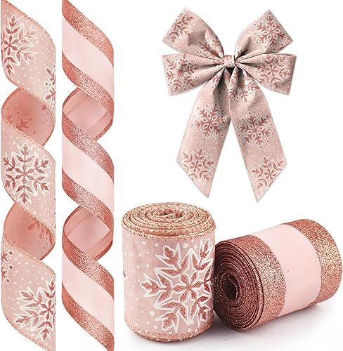 2 rollos de cinta de Navidad para lazos de corona, regalos, cinta de copo de nieve de oro rosa con purpurina para envolver regalos, suministros de