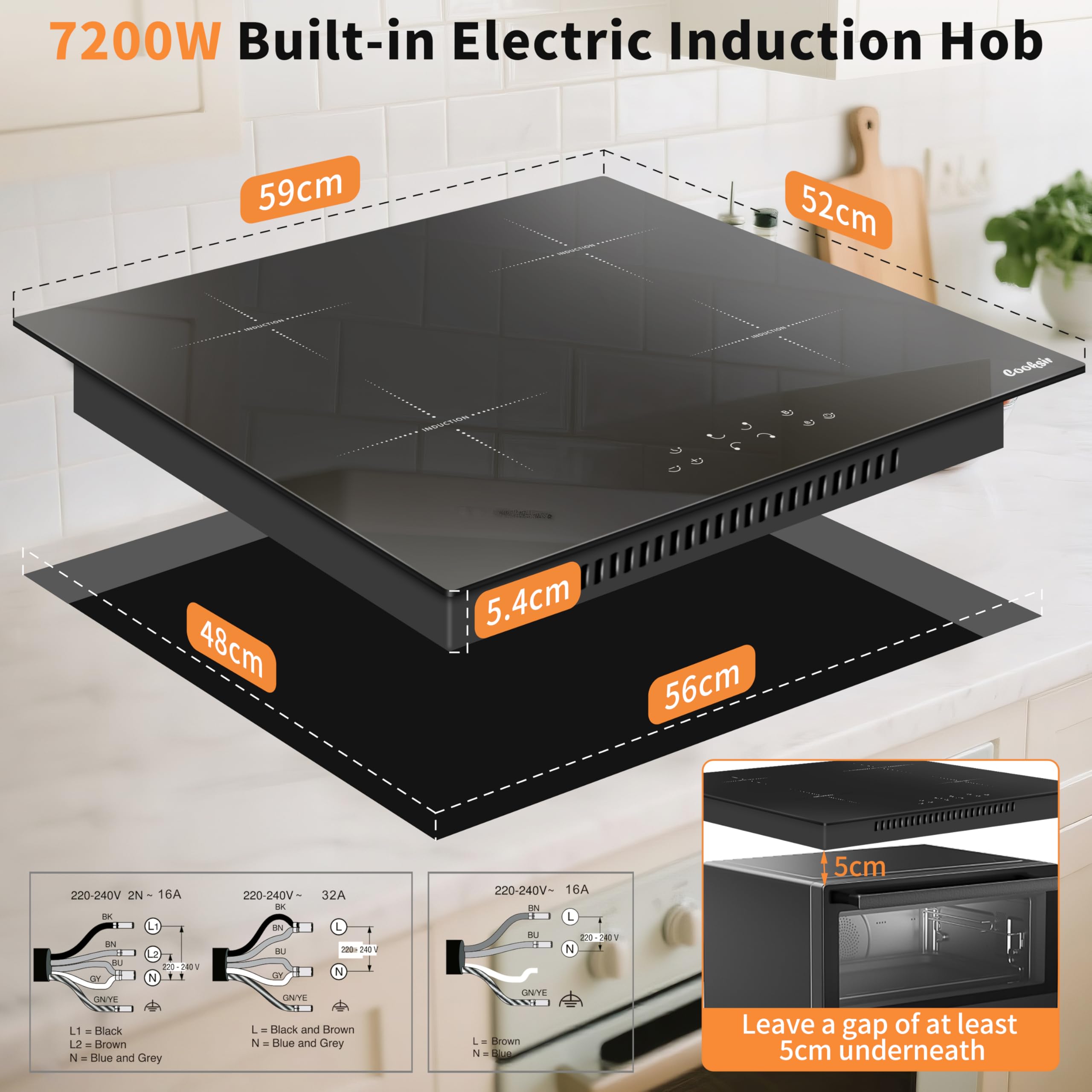 Płyta indukcyjna, 4 płyty, płyta kuchenna do zabudowy 60 cm, 7200 W, indywidualny dotyk, funkcja boost, blokada bezpieczeństwa, timer, bez wtyczki, 230 V
