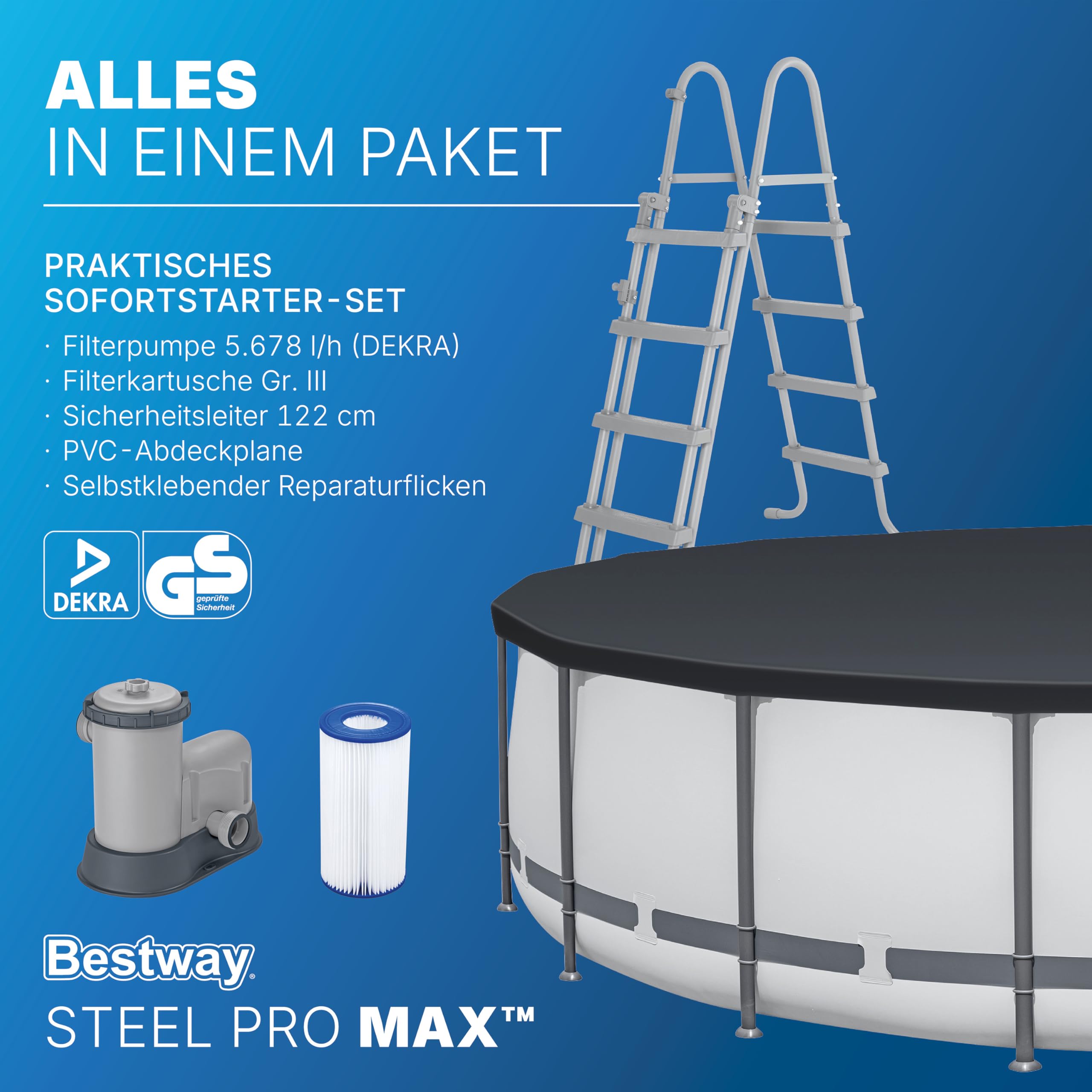 Bestway Steel Pro MAX Frame Pool Komplett-Set mit Filterpumpe Ø 549 x 122 cm, lichtgrau, rund