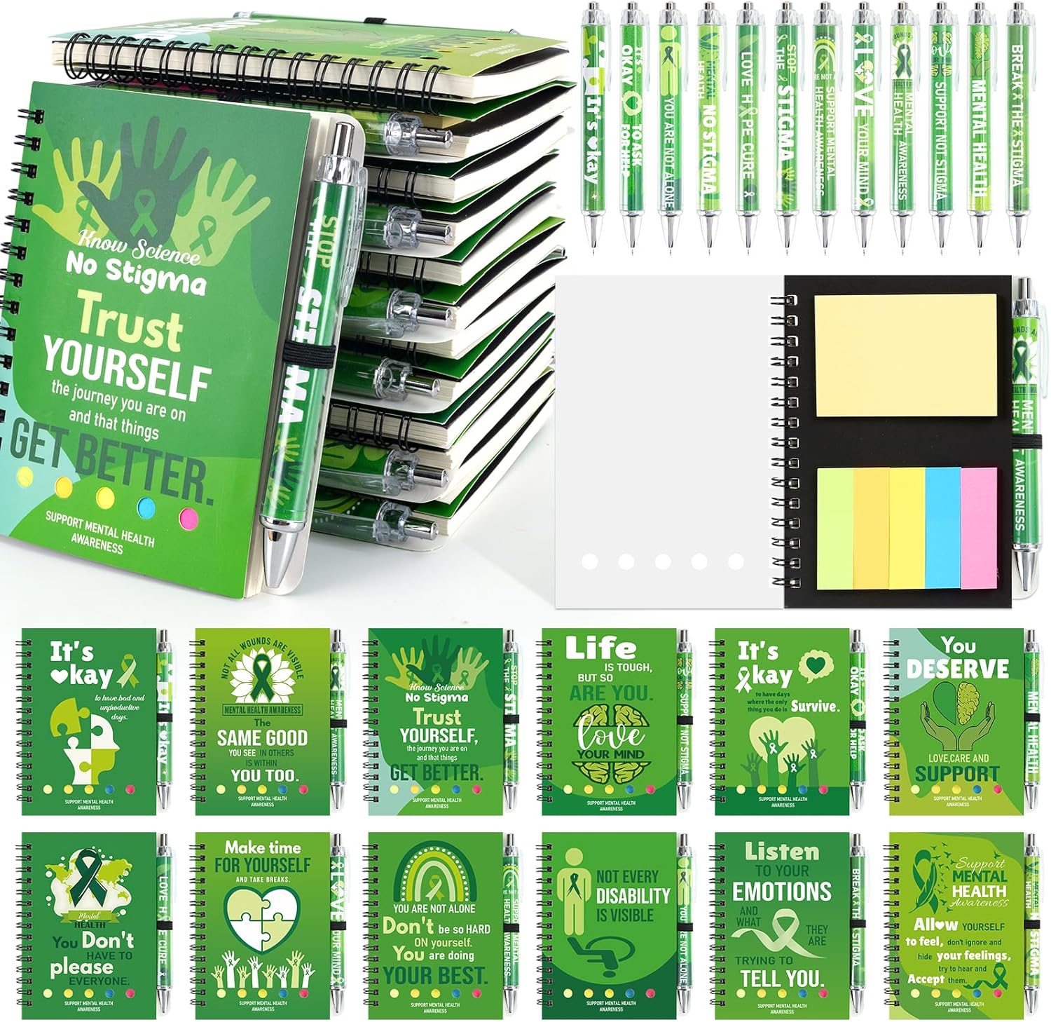 20 Sets Mental Health Awareness Month Gifts Green Awareness Ribbon Spiral Notebooks and Ballpoint Pens Hope Green Ribbon Journal Set for Mental Health Month School Classroom Office Motivational Gift