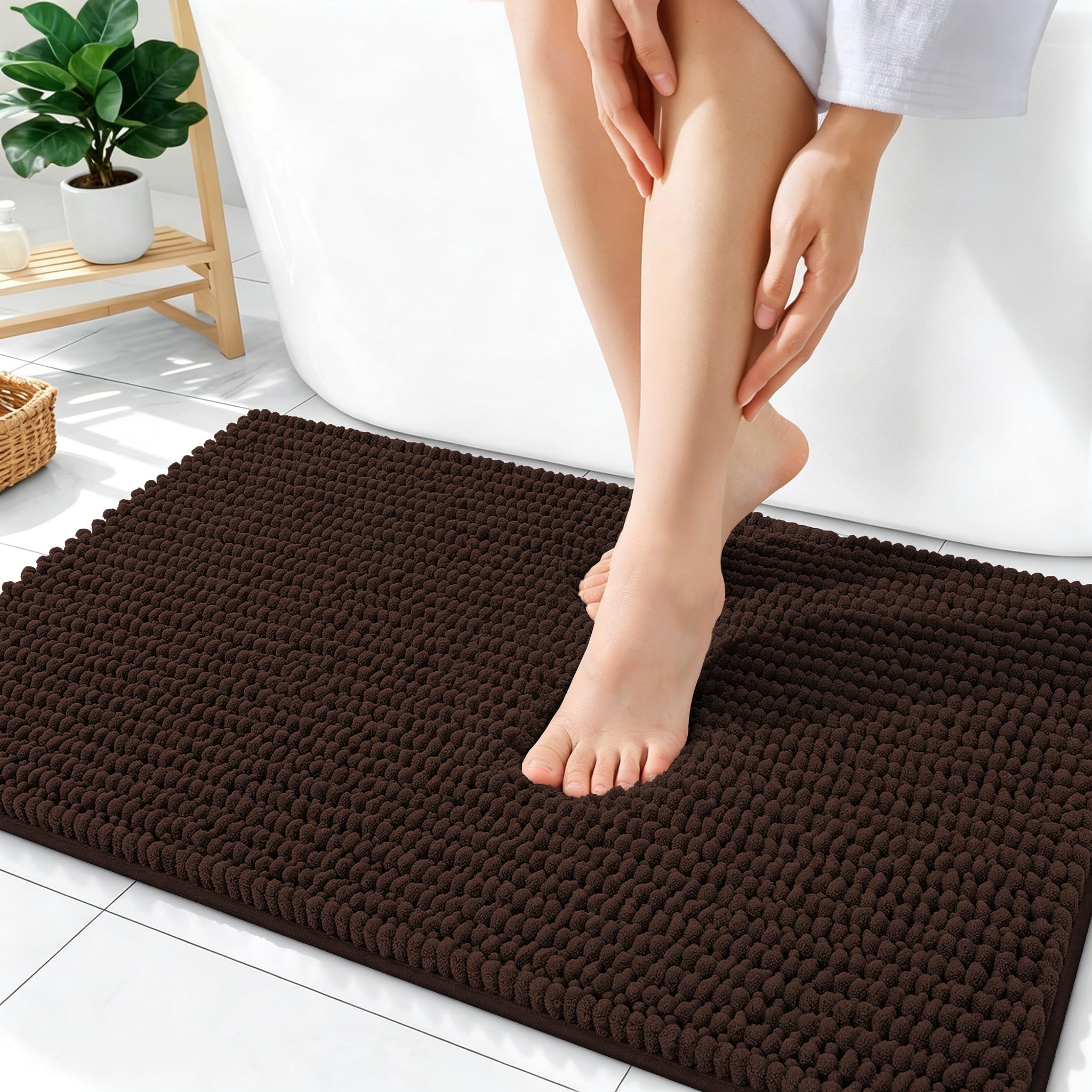OLANLY Thick Chenille Bathroom Rugs 36x24, Soft Absorbent Bath Mat, Brown