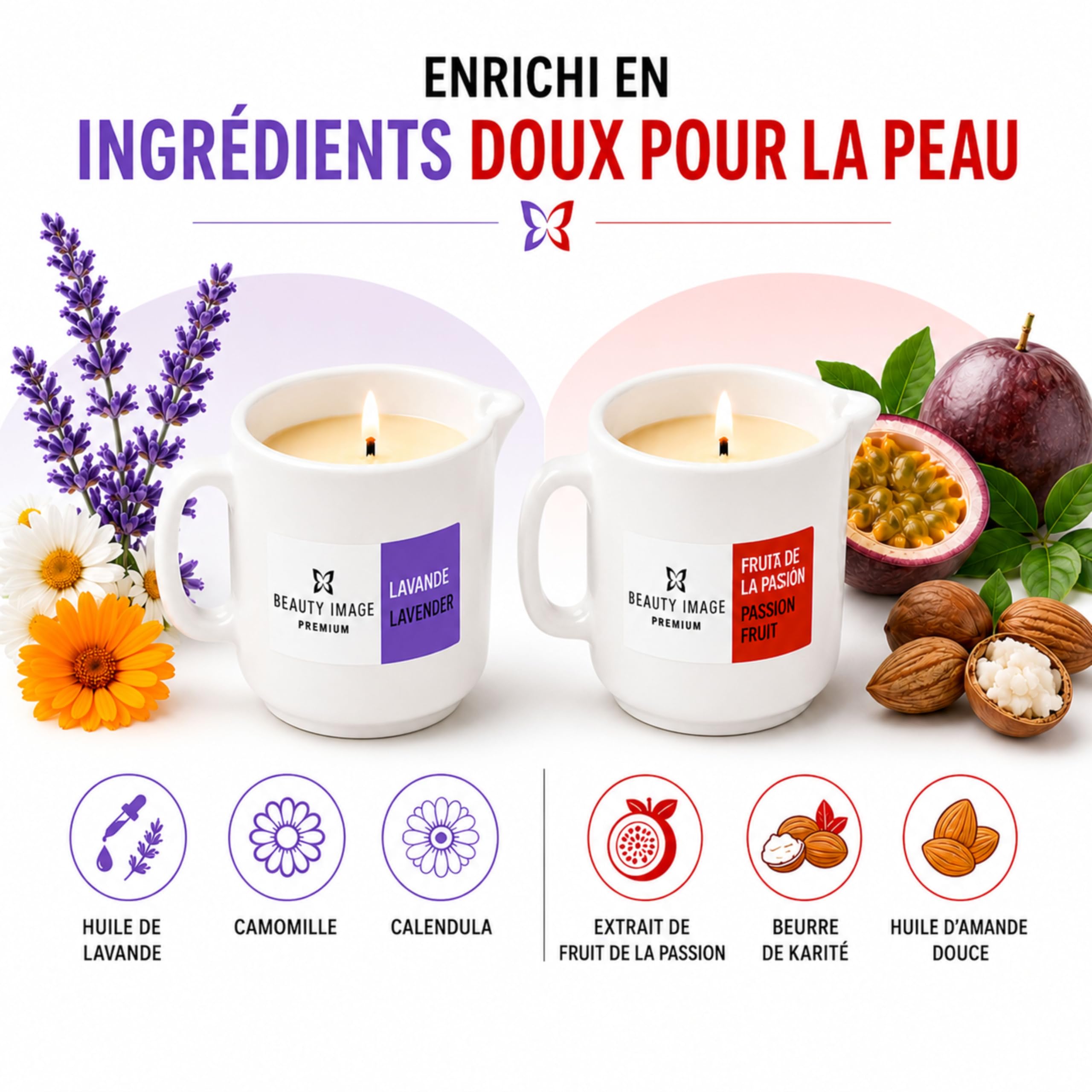 BEAUTY IMAGE Pack de 2 Grandes Bougies de Massage - Fruit de la Passion - Lavande [80 gr de 4 à 5 Massages Corporels par Bougie]. Huile Chaude pour Massage Professionnel. Qualité Fabriqué en Europe.