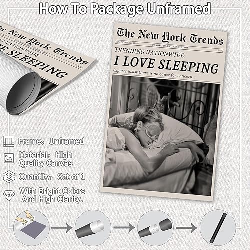 Miniatura 2 de Arte de pared feminista retro en blanco y negro, pósteres de periódico de moda, póster estético preppy con texto en inglés "I LOVE SLEEPING",