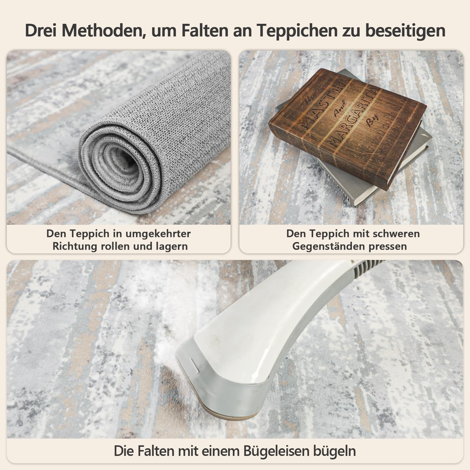 Teppich Läufer Flur 80x300 cm, Leichter Kurzflor Küchenteppich, Waschbarer Teppich, rutschfest Küchenläufer, Teppich Flur, Beige Teppich Läufer für Wohnzimmer, Küche, Diele, Eingang, Balkon
