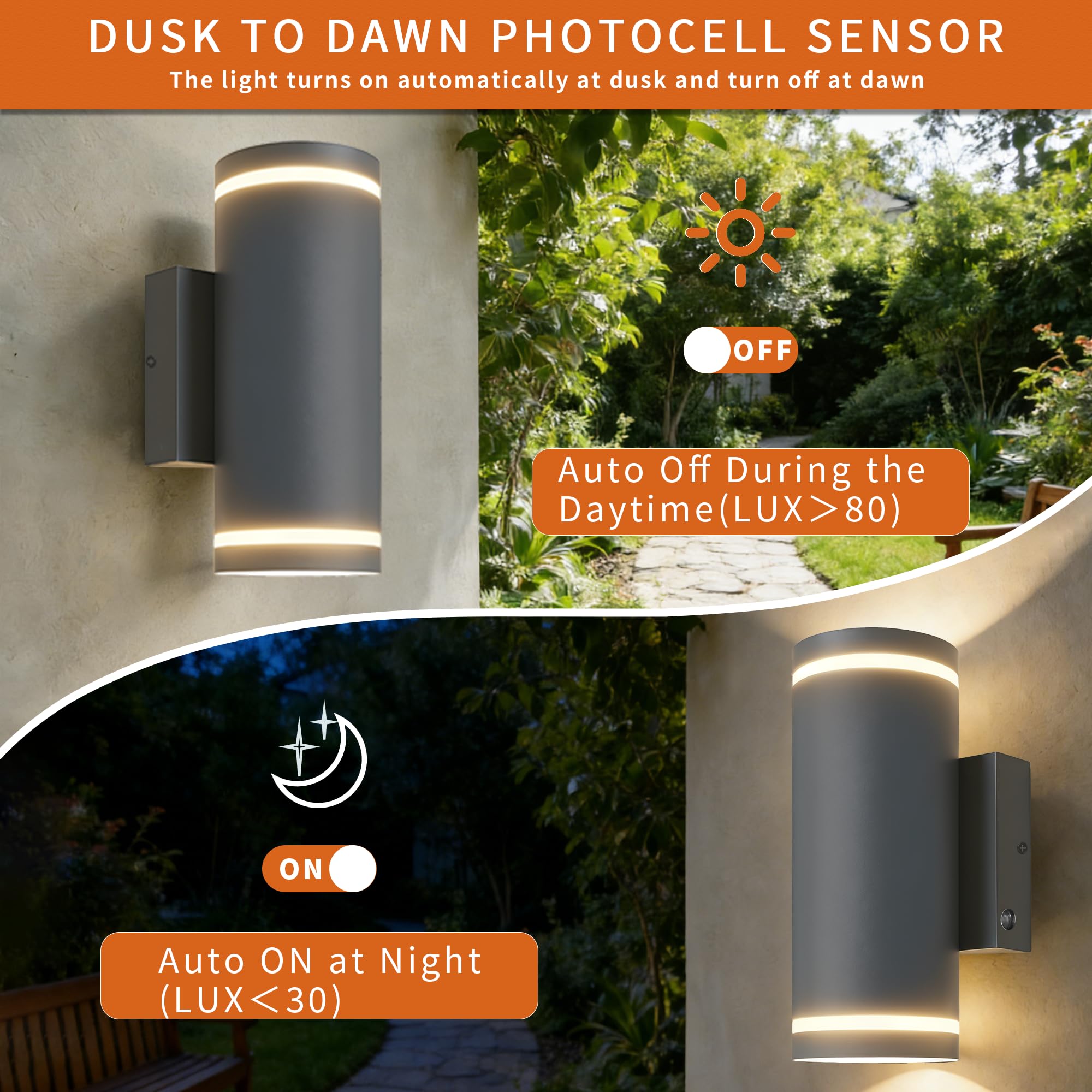 JNR Außenlampe mit Dämmerungssensor, Edelstahl Aussenleuchte, Silber 2 Pack | Edelstahl, IP65 Wasserdichte LED Aussenlampe mit Lichtsensor Außen inkl. 2x 5W GU10 3000K Warmweiß Glühbirne