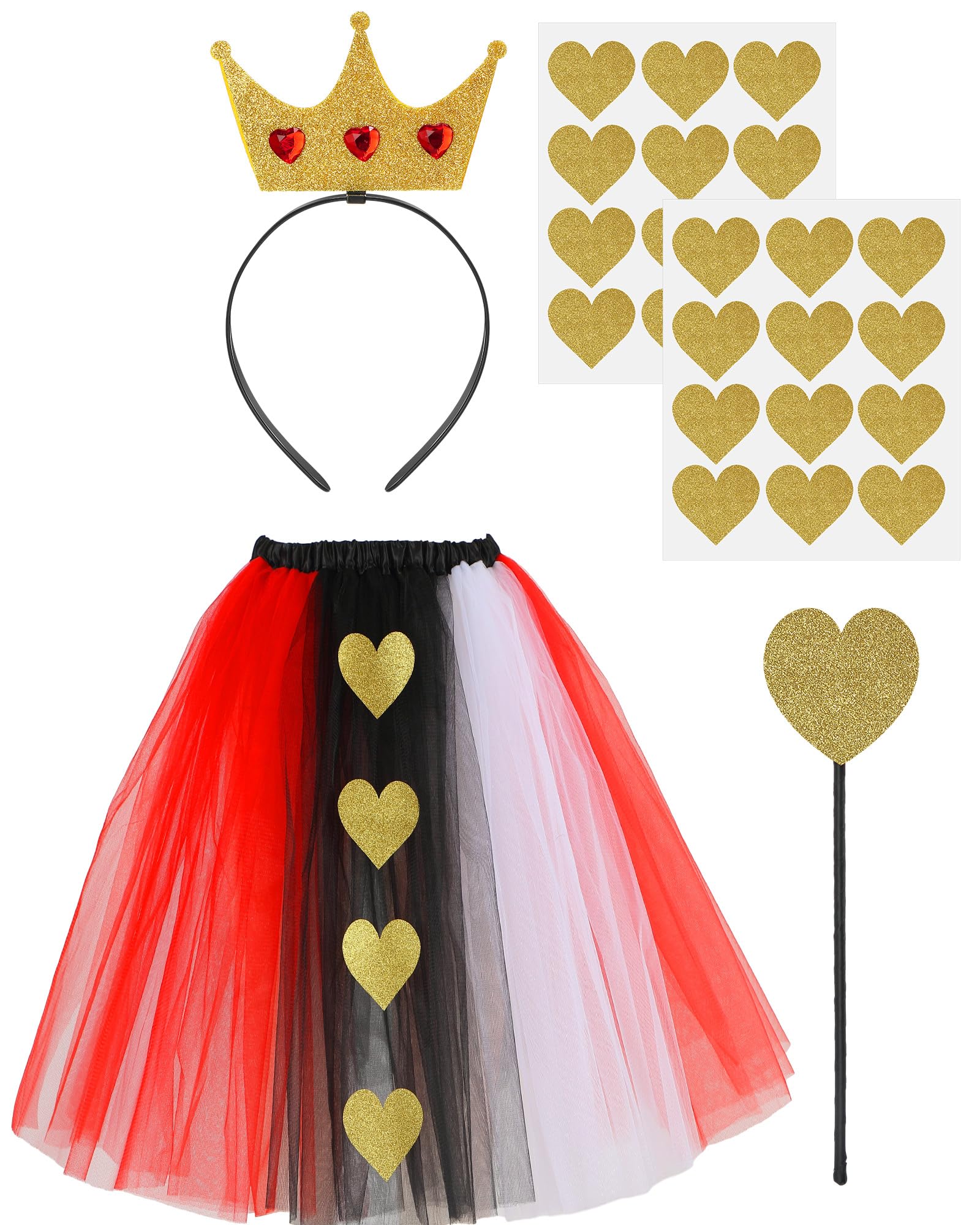 4 Pcs Halloween Women Queen Costume Accessories Set Tutu Skirt Gold Crown Headband Heart Scepter Stickers Cosplay
