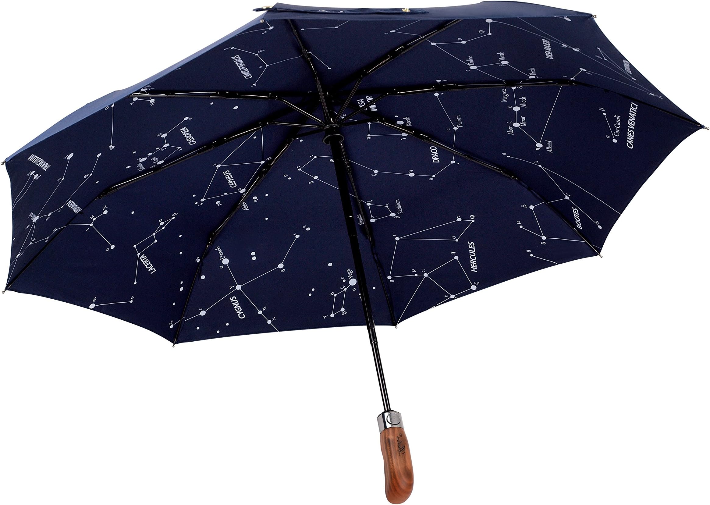- Balios (Designed in UK) Umbrella Handmade Real Wood Handle-Dark Navy with Sophisticated Constellation Interior Pattern-Windproof Fiberglass Auto Open Close Folding-300T Finest Fabric