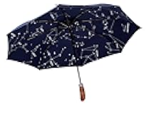 Balios (Designed in UK) Umbrella Handmade Real Wood Handle-Dark Navy with Sophisticated Constellation Interior Pattern-Windproof Fiberglass Auto Open Close Folding-300T Finest Fabric