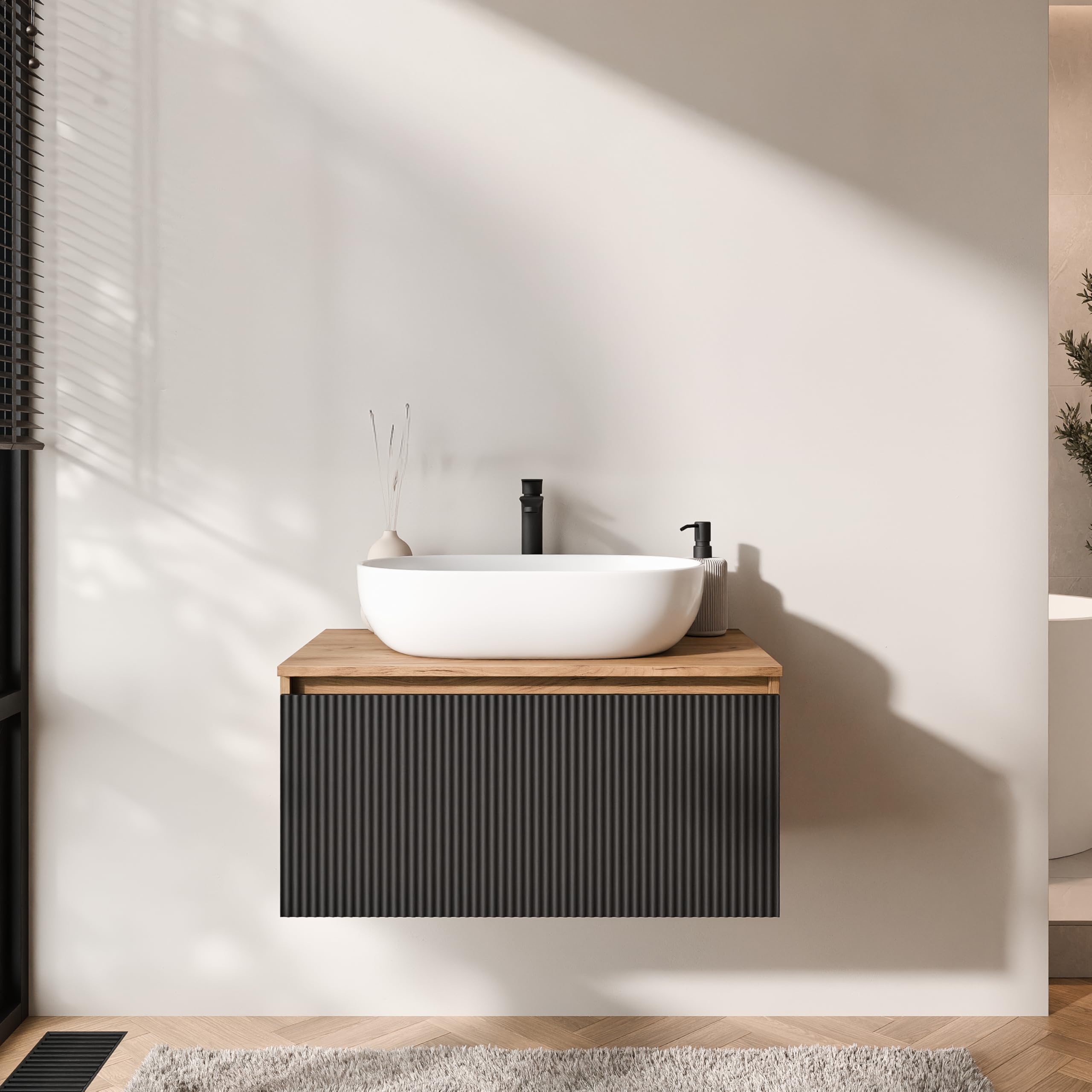 Planetmöbel Arisa Ensemble de meubles de salle de bain avec lavabo 80 cm chêne doré noir (strié), lavabo 60 cm blanc, avec siphon d'économie d'espace