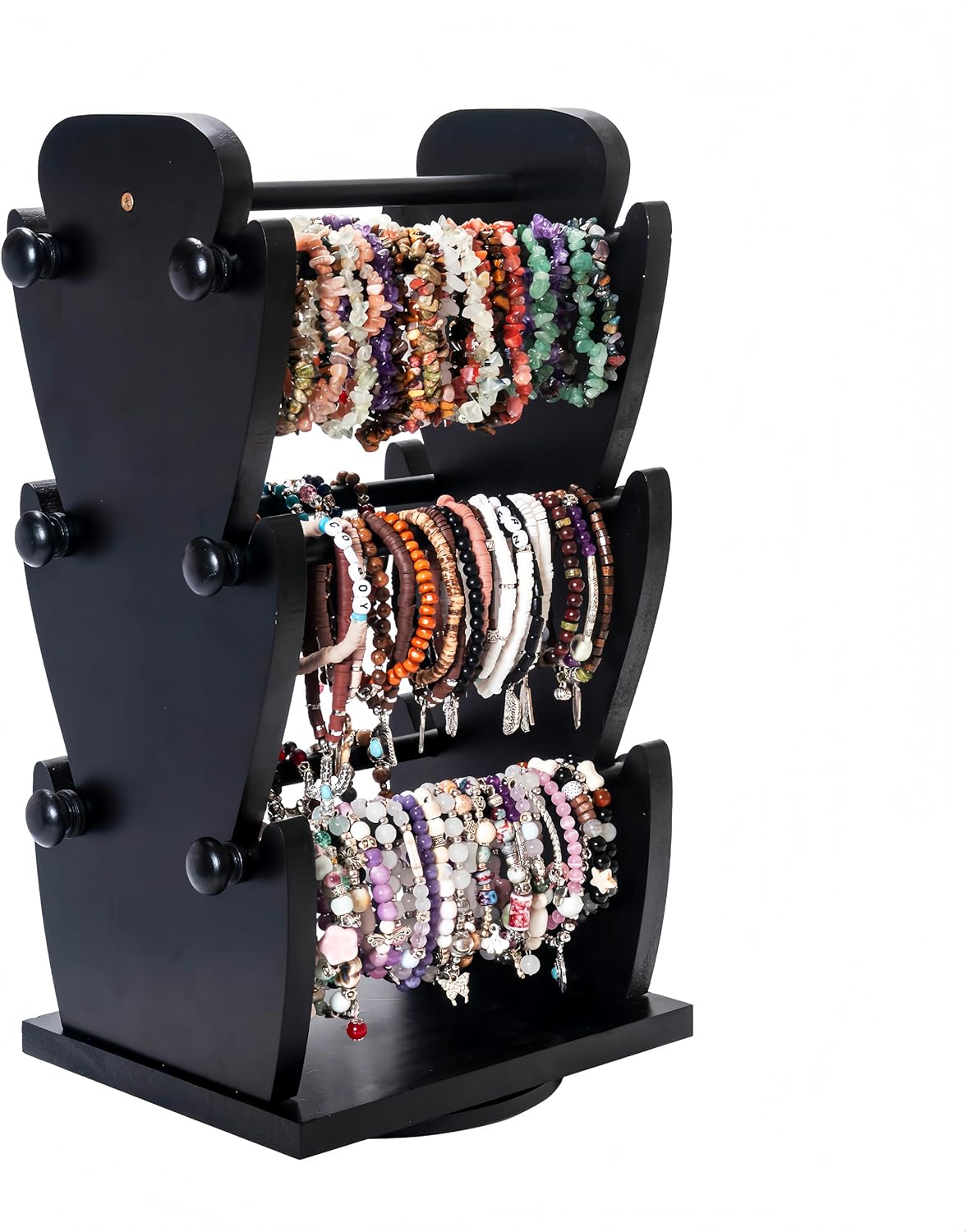 Two-Sided Rotating Wooden Jewelry Bracelet Holder Stand – 3-Tier Display with 6 Removable Bars for Bracelets, Bangles, Watches & Accessories – Black Wooden Organizer for Home or Retail Showcase
