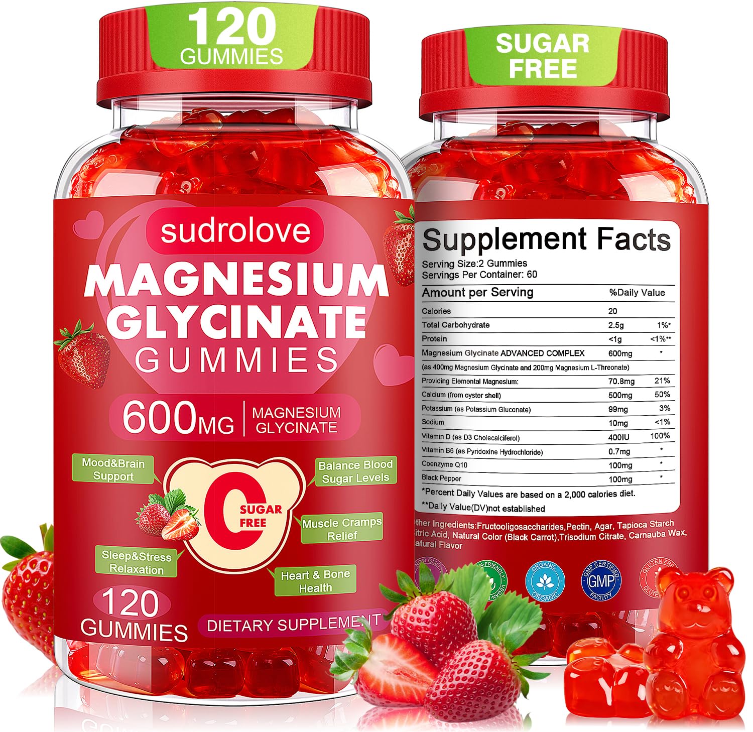 Magnesium Glycinate Gummies 600mg per Serving, 120 Count 1 Pack (Strawberry )