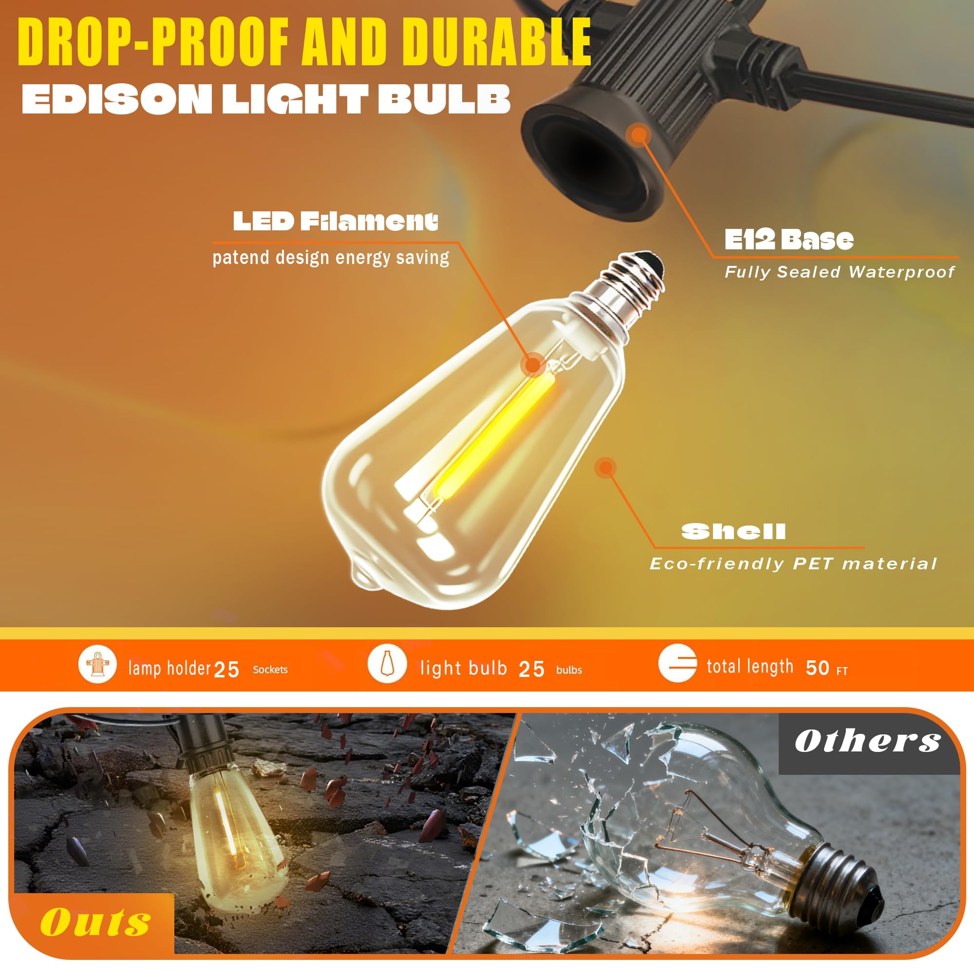 Cadena de luz solar impermeable para exteriores, cable de 50 pies y 25 bombillas inastillables, cañón de luz regulable con control remoto, adecuado para patio, terraza, balcón, iluminación de