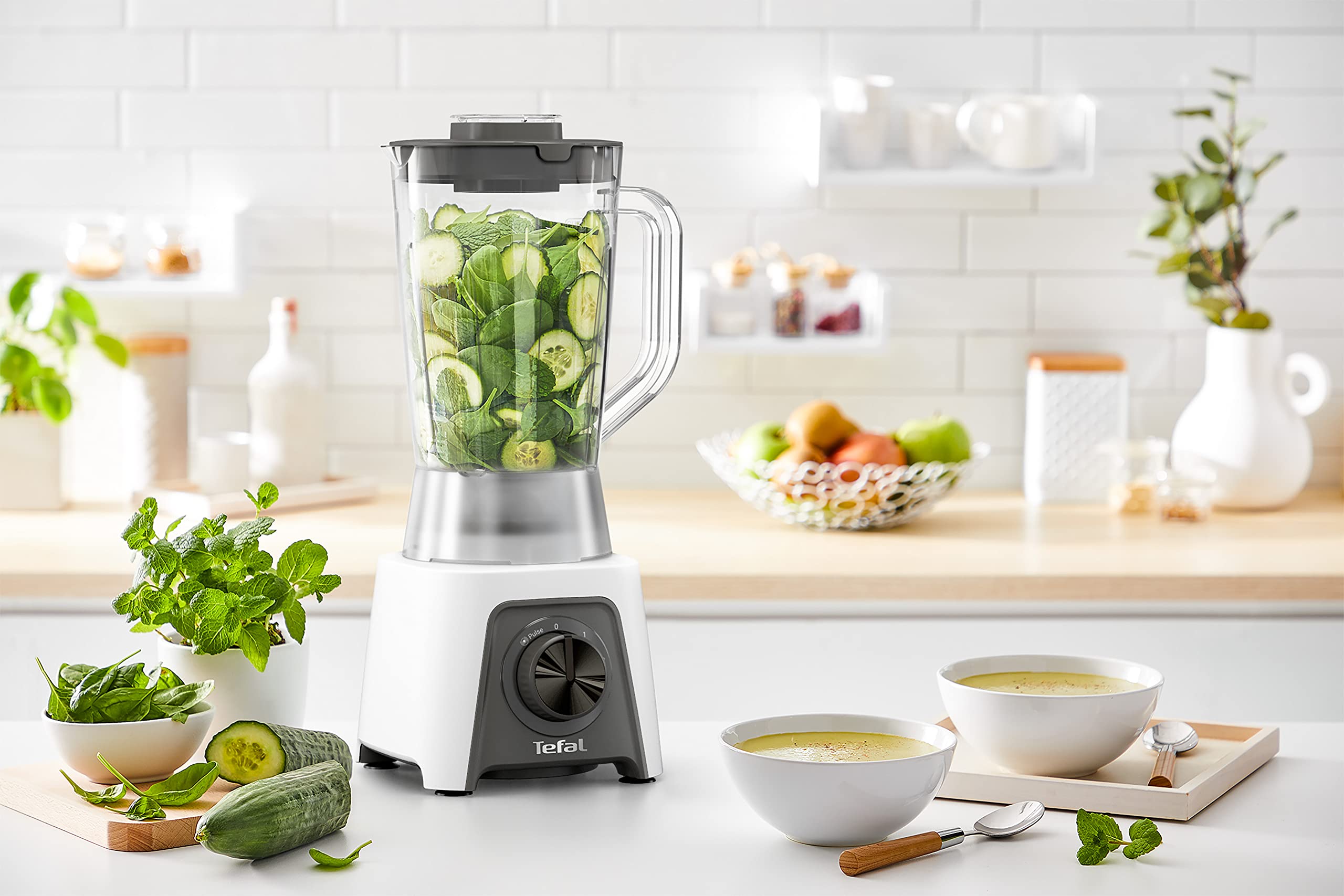 Tefal BL2C01 Blendeo Standmixer | 450-W-Motor | 1,5 Liter Fassungsvermögen | 2 Geschwindigkeiten + Pulse-Funktion | Duraforce Klingen | Saugnäpfe für sicheren Stand | Weiß/Grau