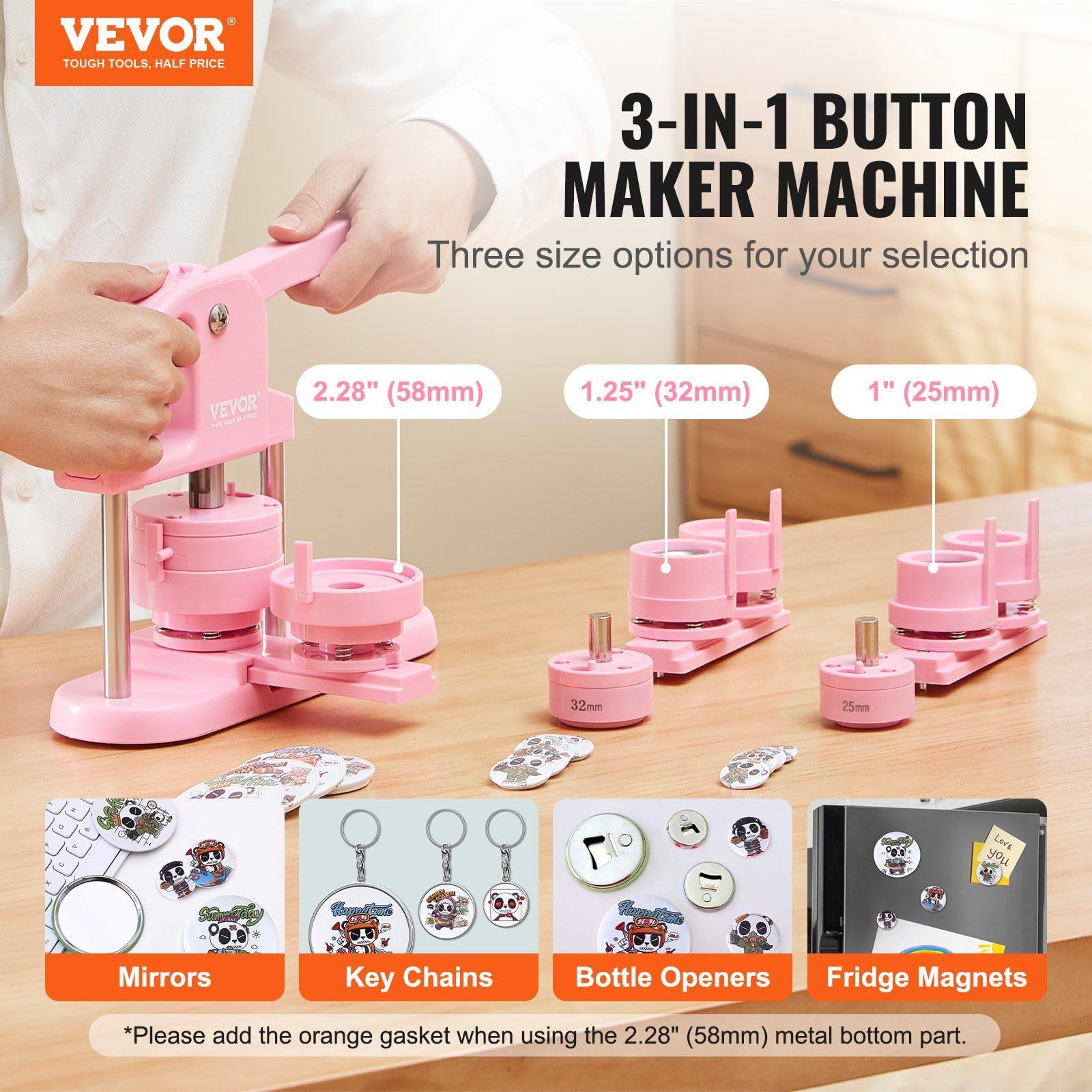 3-IN-1 Button Maker, 1/1.25/2.28 inch(25/32/58mm) Pin Maker, 300pcs Button Parts,Button Maker Machine with Panda Magic Book, Ergonomic Arc Handle Punch Press Kit, For Children DIY Gifts, Pink