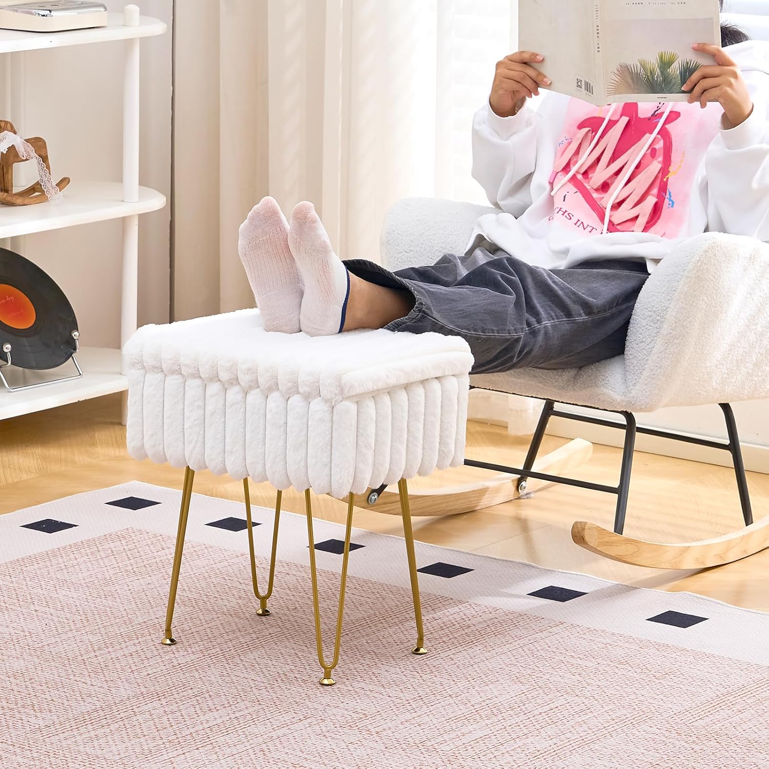 Wimarsbon Storage Ottoman, Vanity Stools with Metal Legs, 16.5" x 11.8" x 18" Modern Faux Mink Fur Footstool, Makeup Chair with Anti-Slip Feet, Accent Table,Footrest,Storage Bench for Bedroom (Cream)