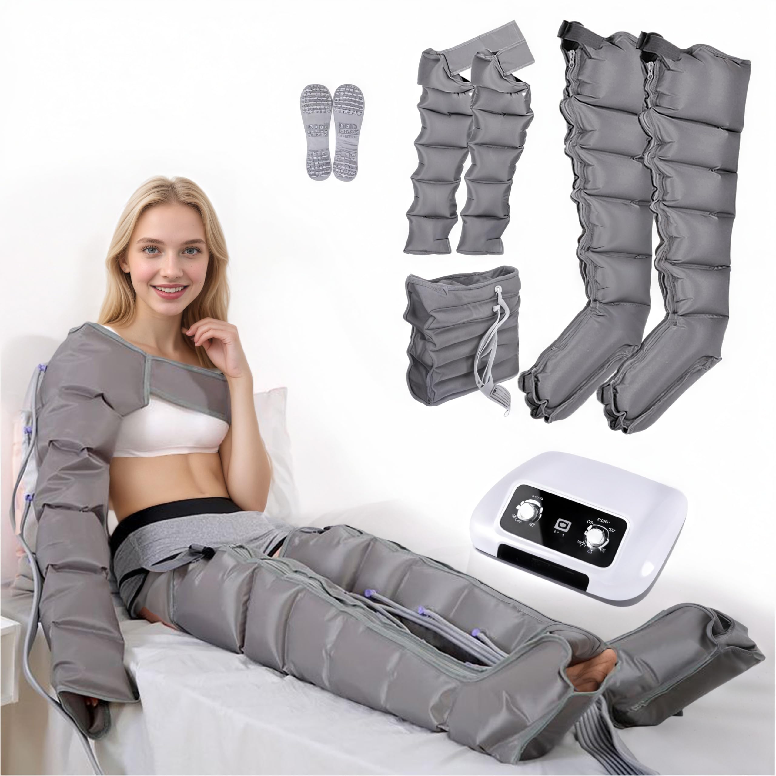 Presoterapia Piernas y Abdomen, Botas Presoterapia Piernas, 6 Camaras Maquina Masajeador Drenaje Linfatico Circulación, 0-30 Min, 0-240 Mmhg Ajustables (Gris, 2 brazos + 2 piernas + abdomen)