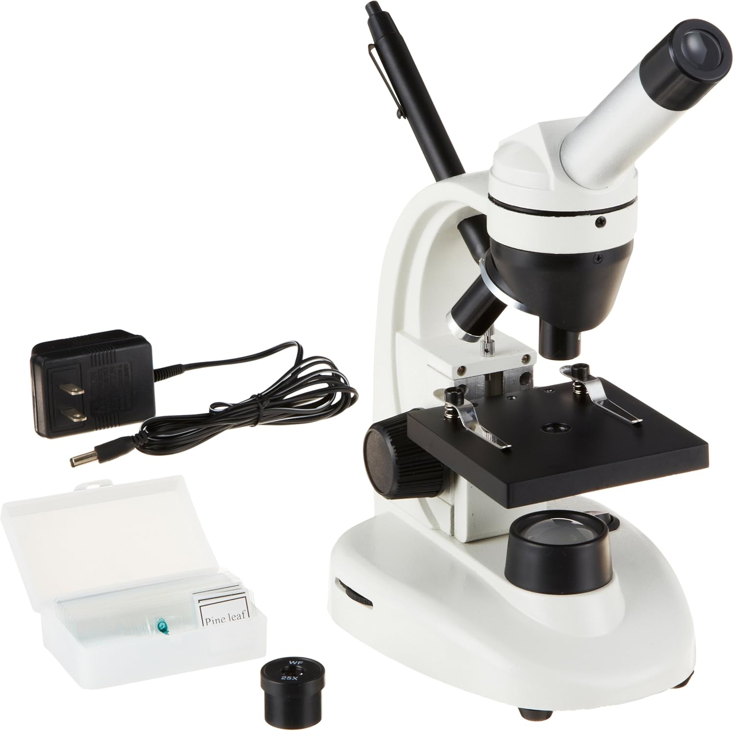 AmScope M135C-2L-PB10 Compound Monocular Microscope, WF10x and WF25x widefield eyepieces, 40x-1000x Magnification, Brightfield, Upper and Lower LED Illumination, Plain Stage, Cordless Operation with Rechargeable