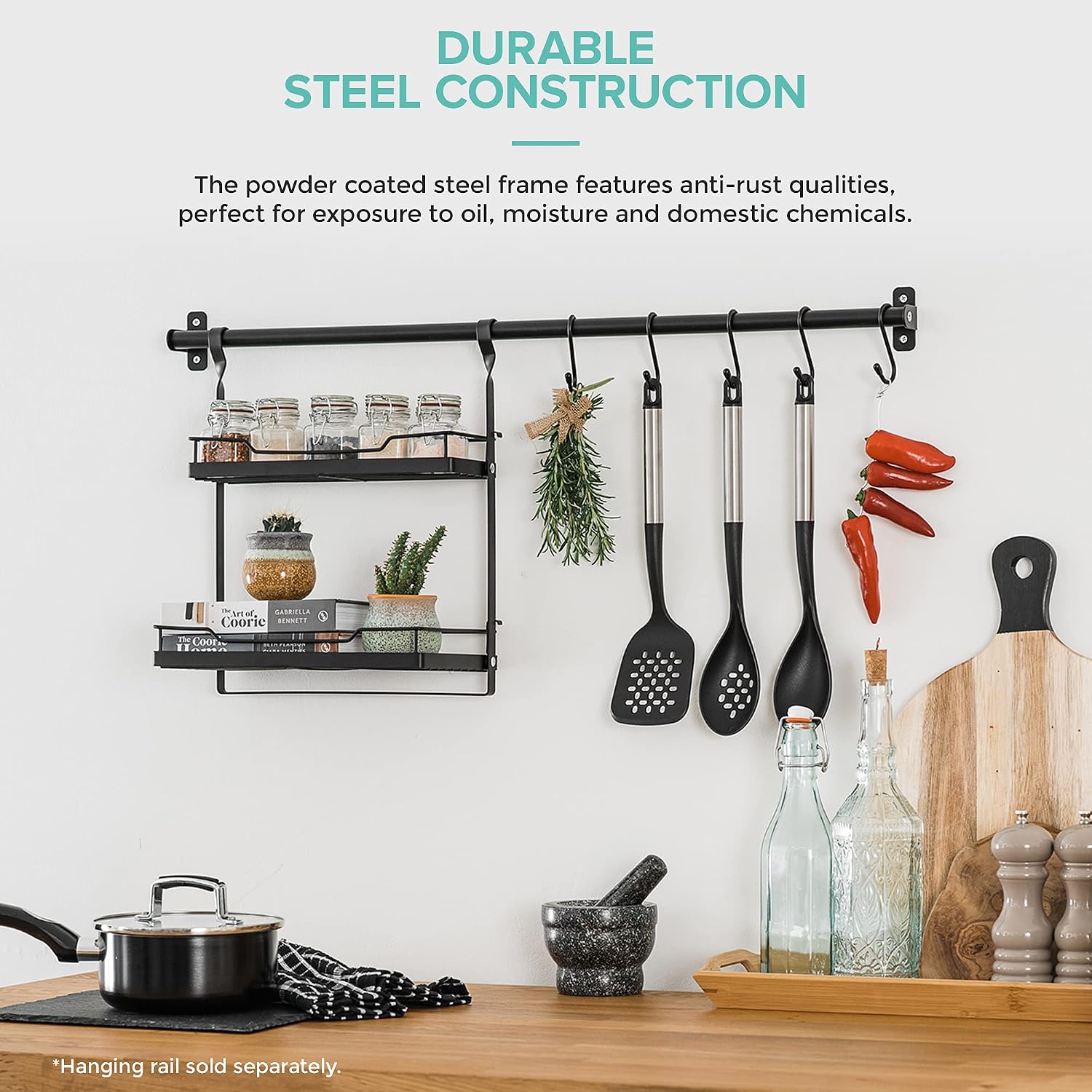LIVIVO 2 Tier Hanging Storage Shelf Rack For for Spices Herbs Condiments Seasoning Kitchen Rail Plates Bowl Tumbler Glasses Utensil Cutlery Knives Pots Paper Towel (2 Tier Spice Rack - Image 5