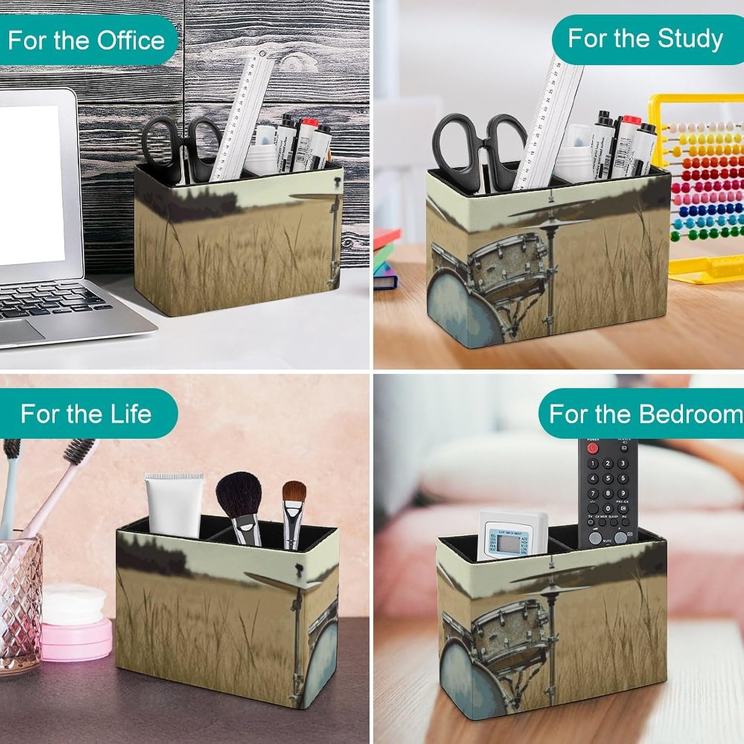 Music Drum in Field Printed Premium Leather Pen Holder: Double Compartment Design Keeps Your Desk Neat And Tidy (home And Office) image 4