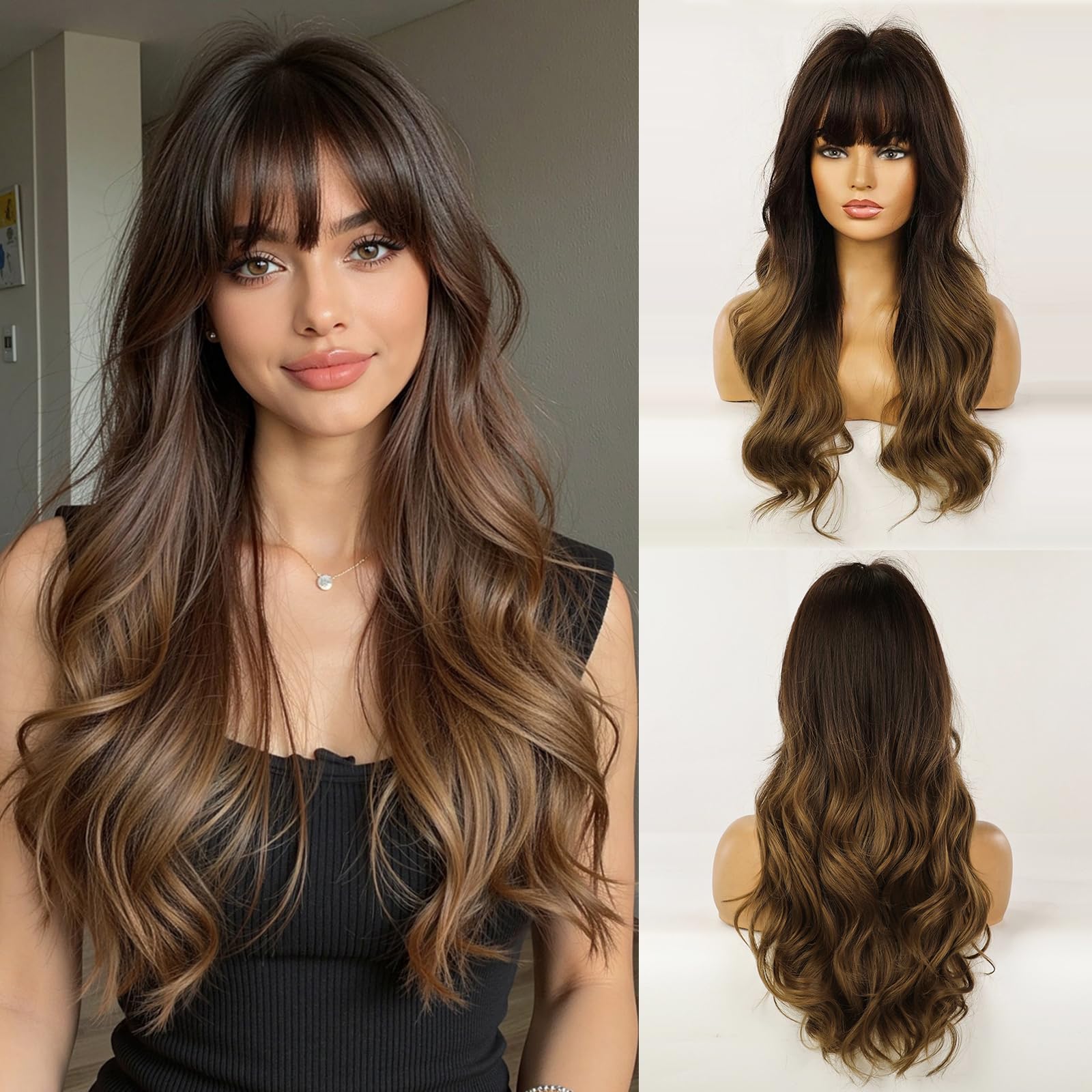 Esmee 24" Long Wig Synthetic Wigs for Women Dark Roots Long Wig with Bangs Brown Ombre Wavy Hair Heat Resistant Fibre for Daily Party Use