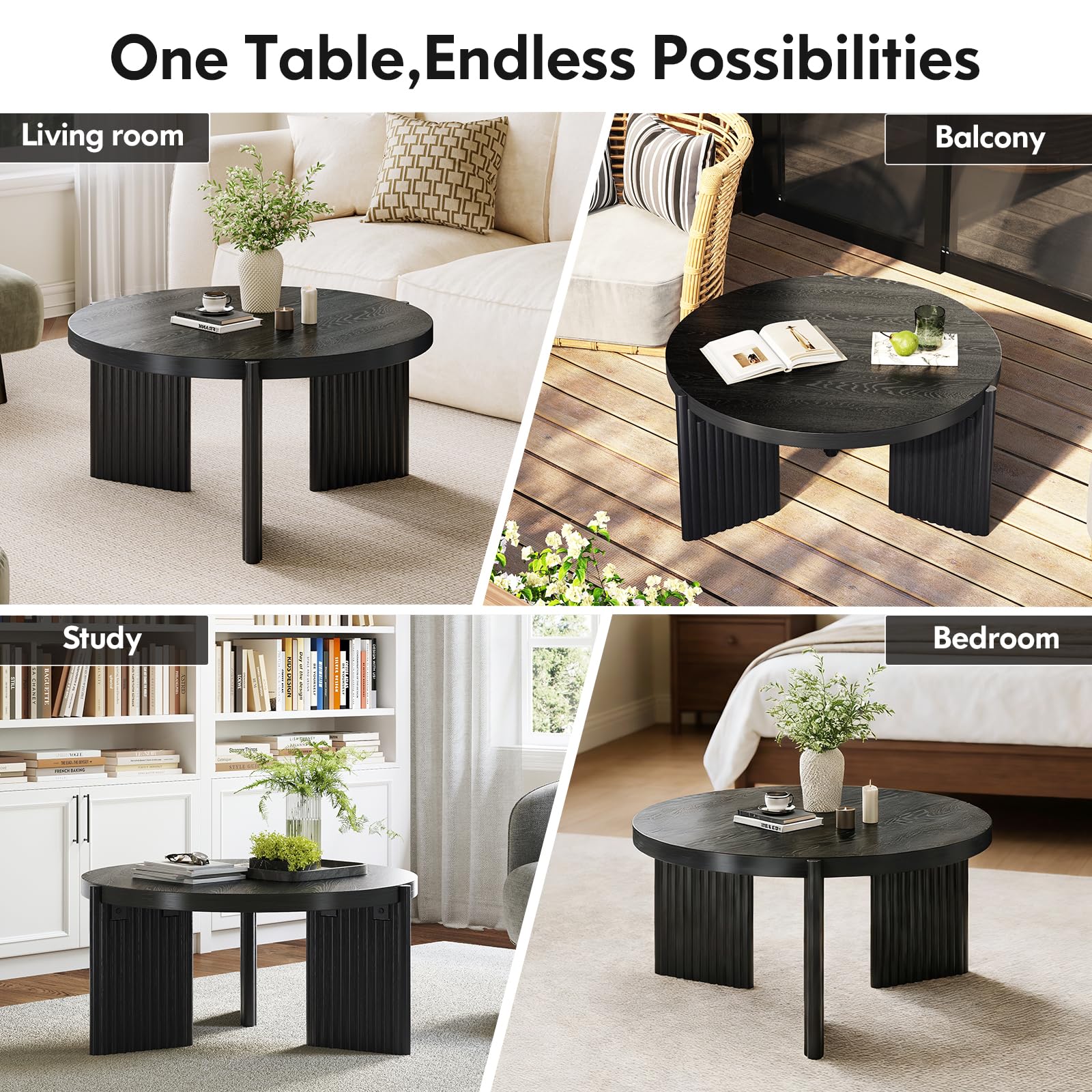 Luoxiao Round Coffee Table, 27.5" Fluted Coffee Tables for Living Room | Small Circle Accent Table for Apartment, Sturdy Ribbed Base, Rounded Edges, Thick Tabletop, Easy Assembly, Modern, Black