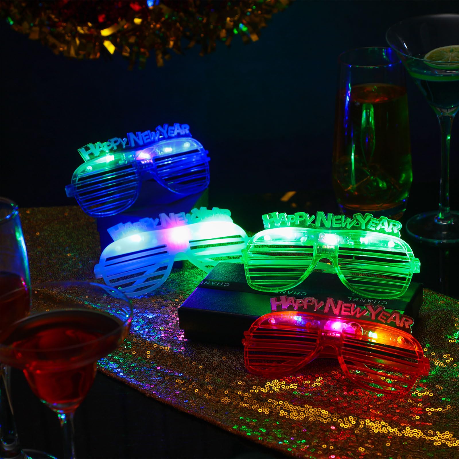 Chapou 20 Pcs LED Happy New Year's Glasses for Kids Adult Bulk Light Up Flashing New Year Eve Glasses New Year Party Favors(Trendy)