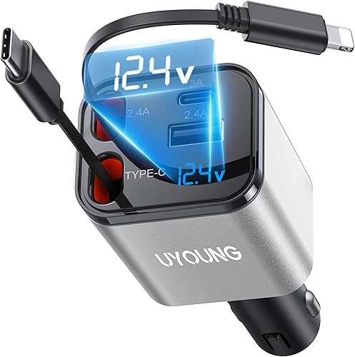 Miniatura 13 de Adaptador de cargador de teléfono para automóvil, paquete de 2, cargador retráctil para automóvil 4 en 1, carga rápida, cables retráctiles duales de
