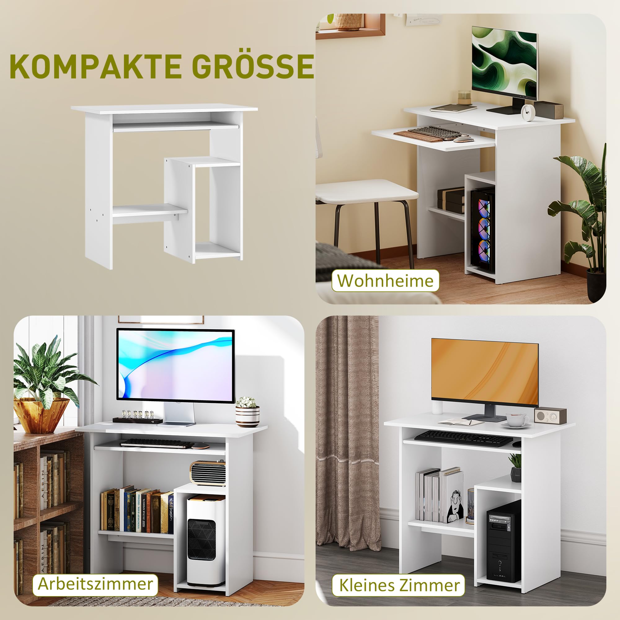 HOMCOM Schreibtisch mit Tastaturablage für Home Office 80 x 45 cm Weiß | Computertisch, Bürotisch, Offenen Fächern und Ablageflächen, Spanplatte, Schlafzimmer