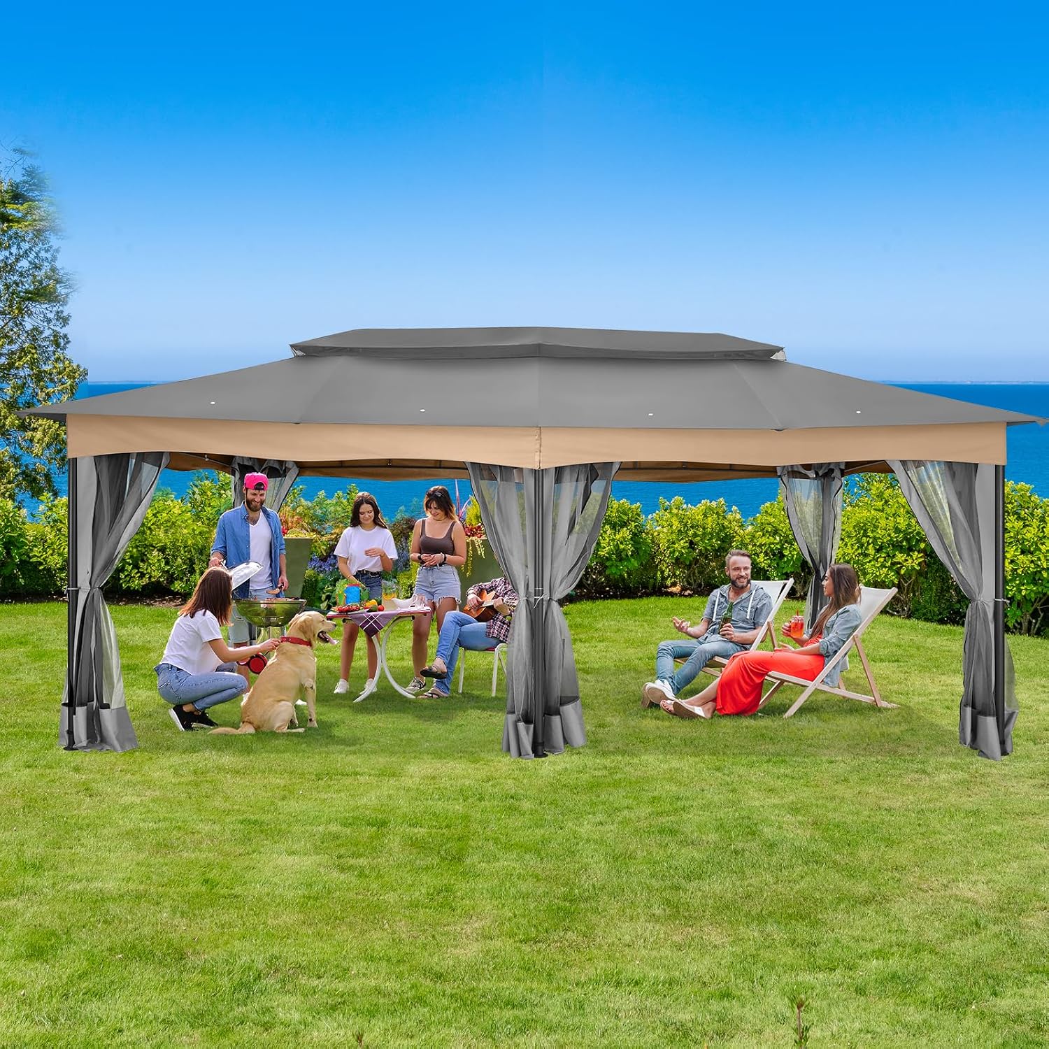 COBIZI Gazebo 12x20 Heavy Duty Gazebos with Improved Nettings Outdoor Gazebo Double Roof Patio Gazebos with Metal Steel Frame Outdoor Canopy for Patio, Deck, Backyard-Gray