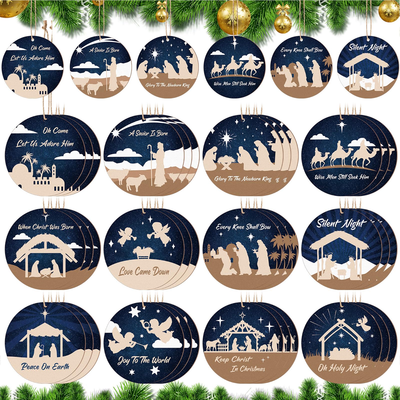Soaoo 36 Pcs Nativity Scene Christmas Tree Ornaments Round Nativity Xmas Tree Hanging Decorations Wooden Nativity Scene Ornaments Birth of Jesus Christian Ornaments for Xmas Tree Advent Decor
