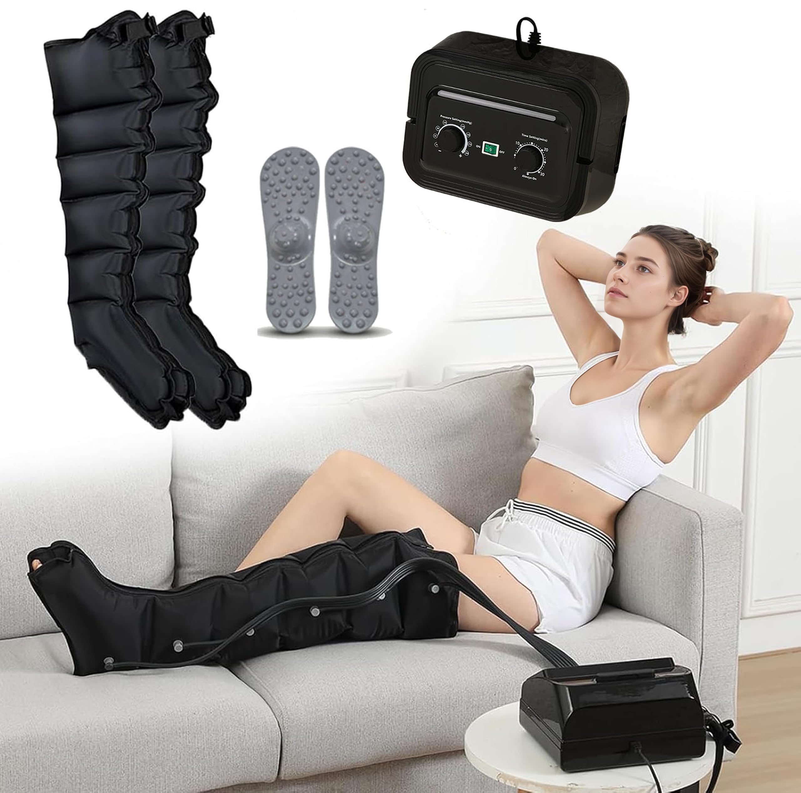 Masajeador de drenaje linfático, masajeador de piernas de compresión de aire para pies y brazos, pantalones de masaje eléctricos para aliviar el dolor muscular, presión programada y ajustable (negro