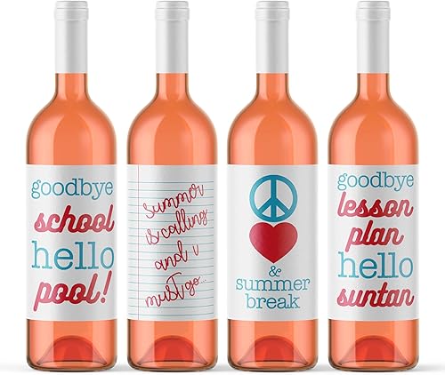 4 Funny Teacher Gifts Wine Bottle Labels End of School Year | Goodbye School Hello Pool | Peace Love & Summer Break | Hello Suntan | Appreciation