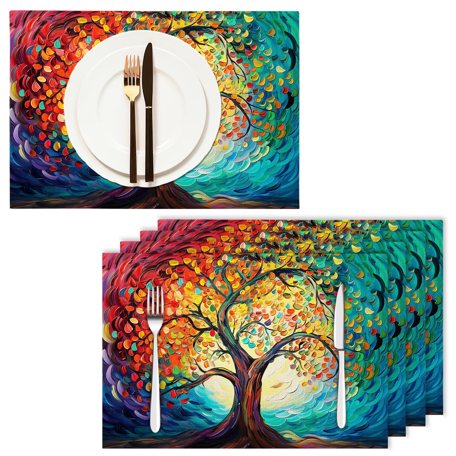 Set di 8 Tovagliette Americane Lavabili Cotone Lino Adornare - Tovaglietta Americana Resistenti al Calore Durevole Alberi colorati - per Colazione Pranzo 30×45 cm